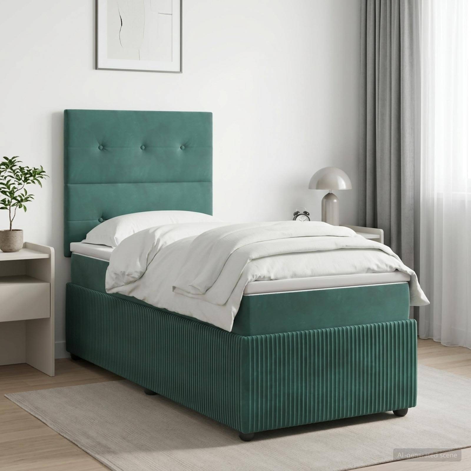 Grünes gepolstertes Einzelbett mit weißer Bettwäsche in einem minimalistischen Schlafzimmer neben einem Nachttisch, einer Lampe und Fenstervorhängen.