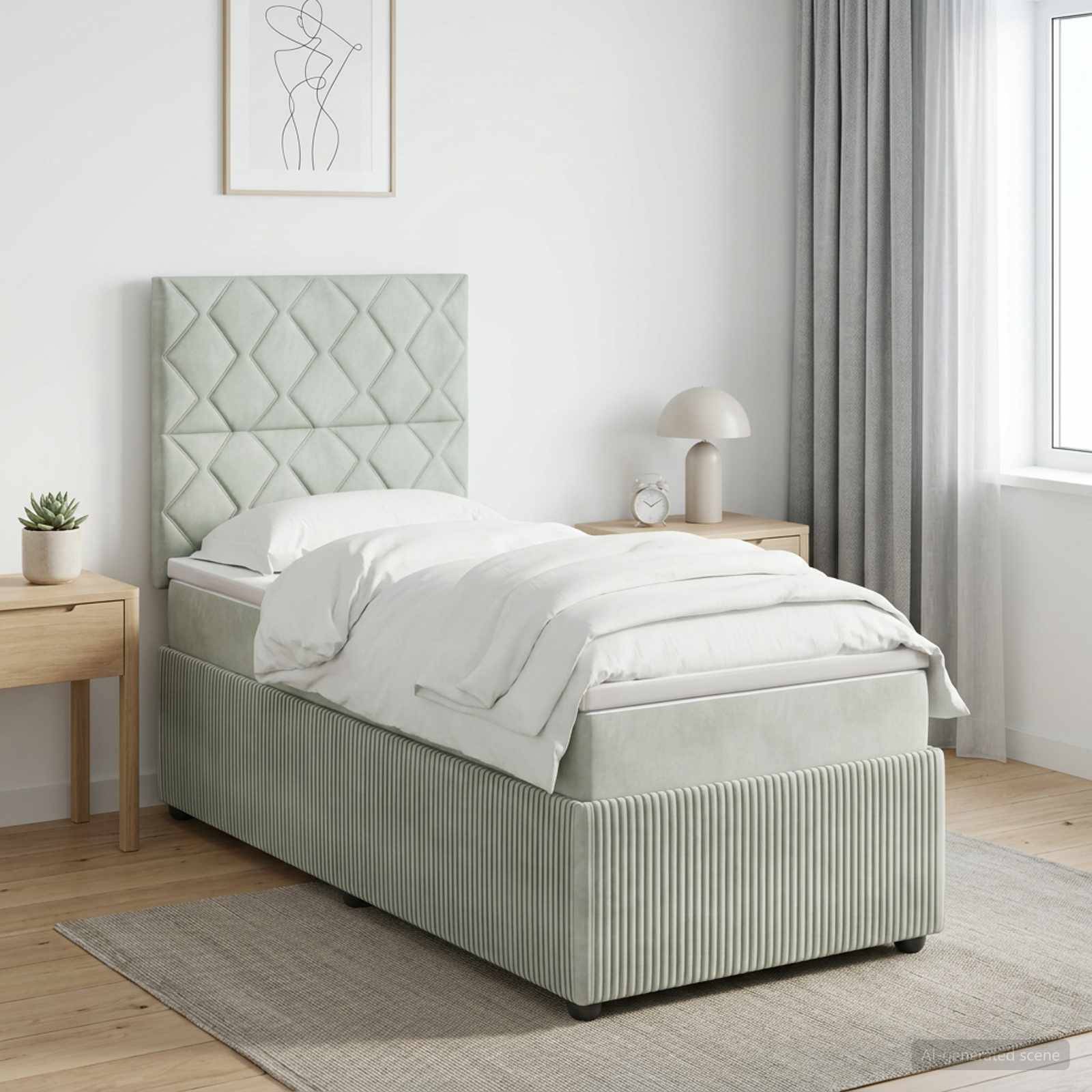 Modernes Schlafzimmer mit einem einzelnen gepolsterten Bett, weißer Bettwäsche, Nachttischen, Lampe, gerahmter Wandkunst und einem Fenster mit Vorhängen.