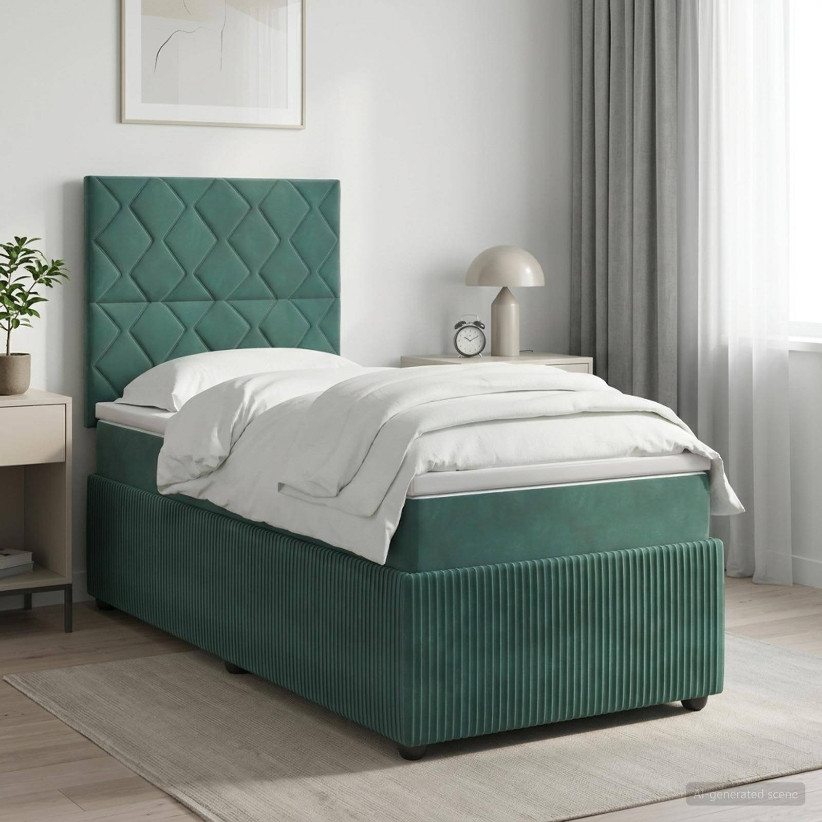 Einzelbett mit blaugrünem gepolstertem Kopfteil und Stauraumbasis in einem hellen, minimalistischen Schlafzimmer, bezogen mit weißer Bettwäsche.