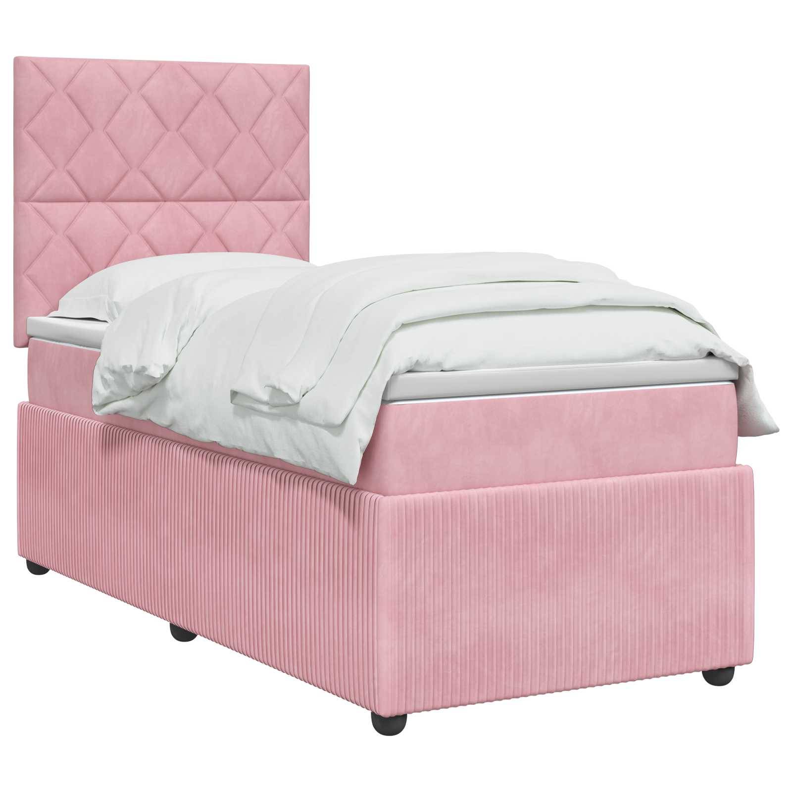 Rosa gepolstertes Einzelbett mit hohem gestepptem Kopfteil und weißer Bettwäsche auf einfachem weißem Hintergrund.