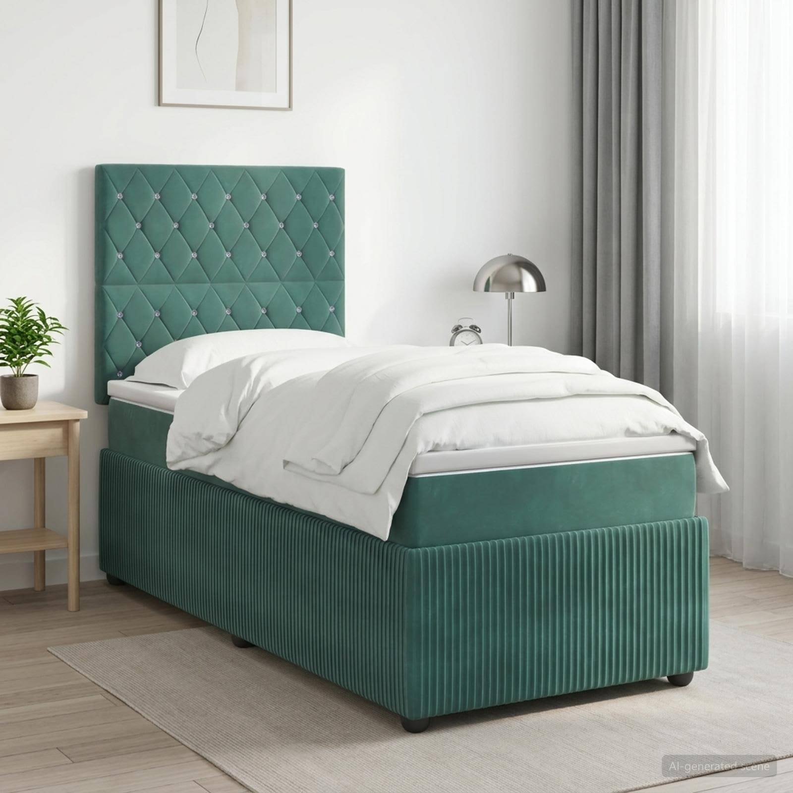Grünes Einzelbett mit gepolsterter Oberfläche und gestepptem Kopfteil in einem hellen, minimalistischen Schlafzimmer, mit weißer Bettwäsche neben einem kleinen Tisch und einer Lampe.