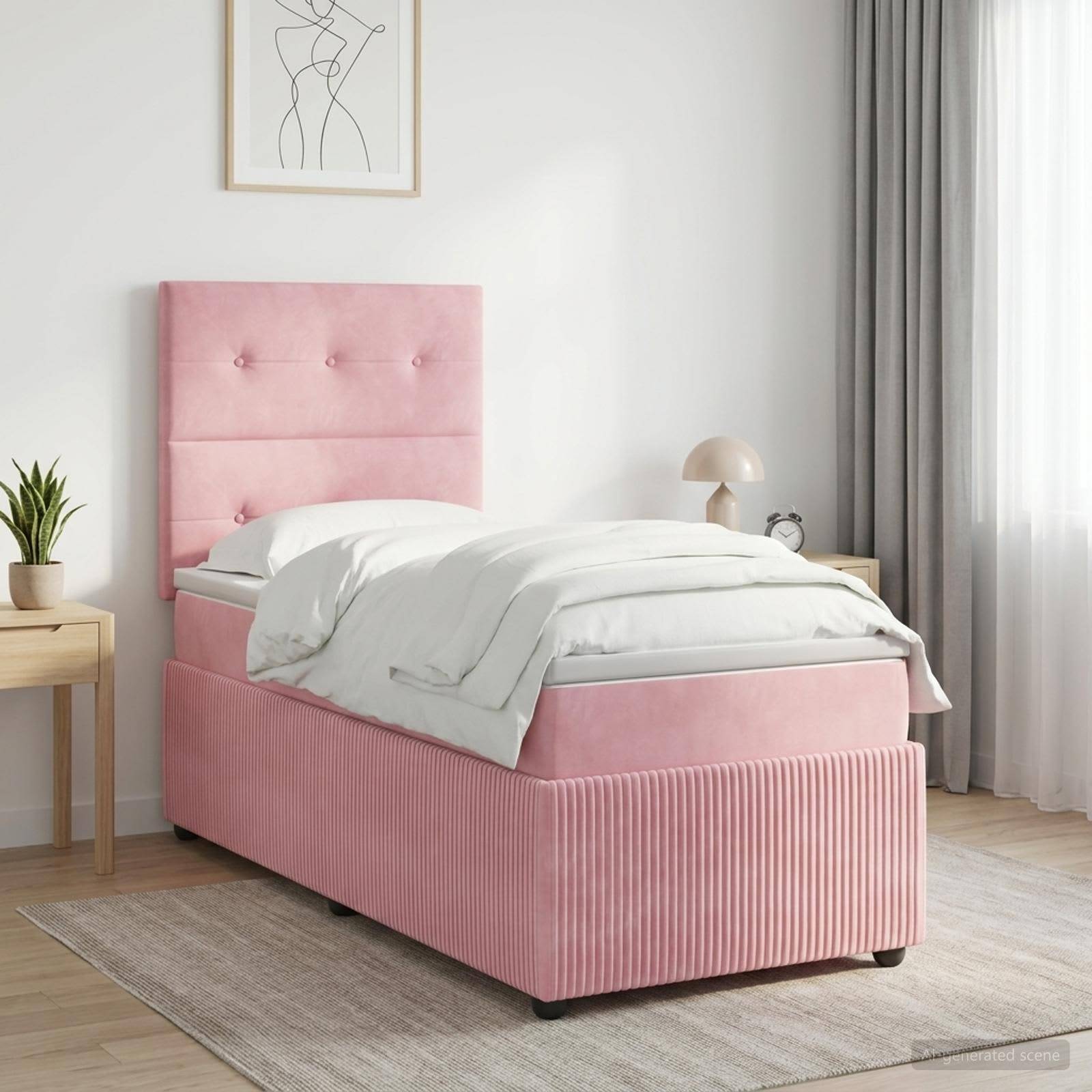 Rosa gepolstertes Einzelbett mit gestepptem Kopfteil und weißer Bettwäsche in einem hellen, minimalistischen Schlafzimmer mit Nachttischen, Lampe, Pflanze und durchsichtigen Vorhängen.