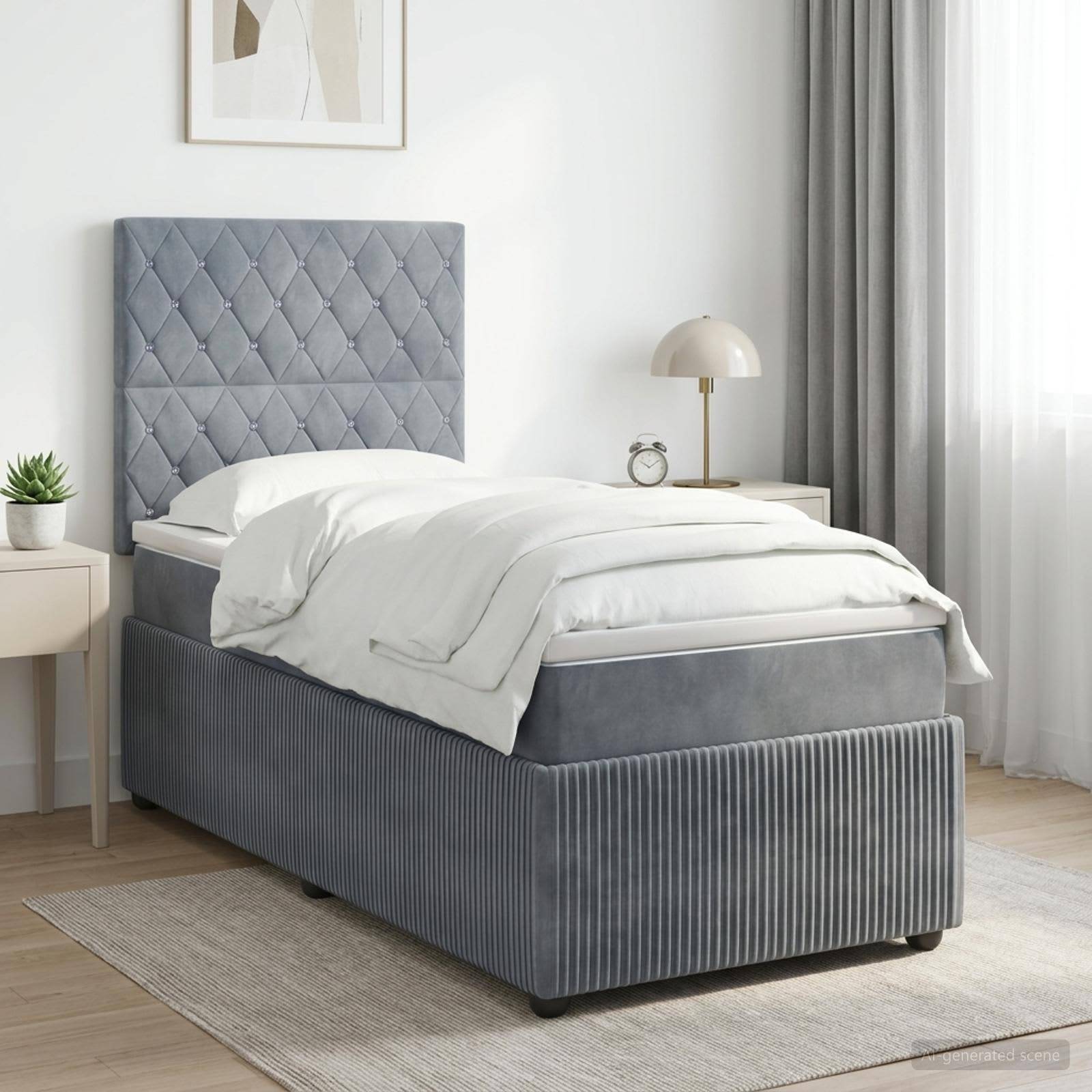 Graues gepolstertes Einzelbett mit weißer Bettwäsche in einem hellen minimalistischen Schlafzimmer, flankiert von kleinen Nachttischen und Vorhängen.
