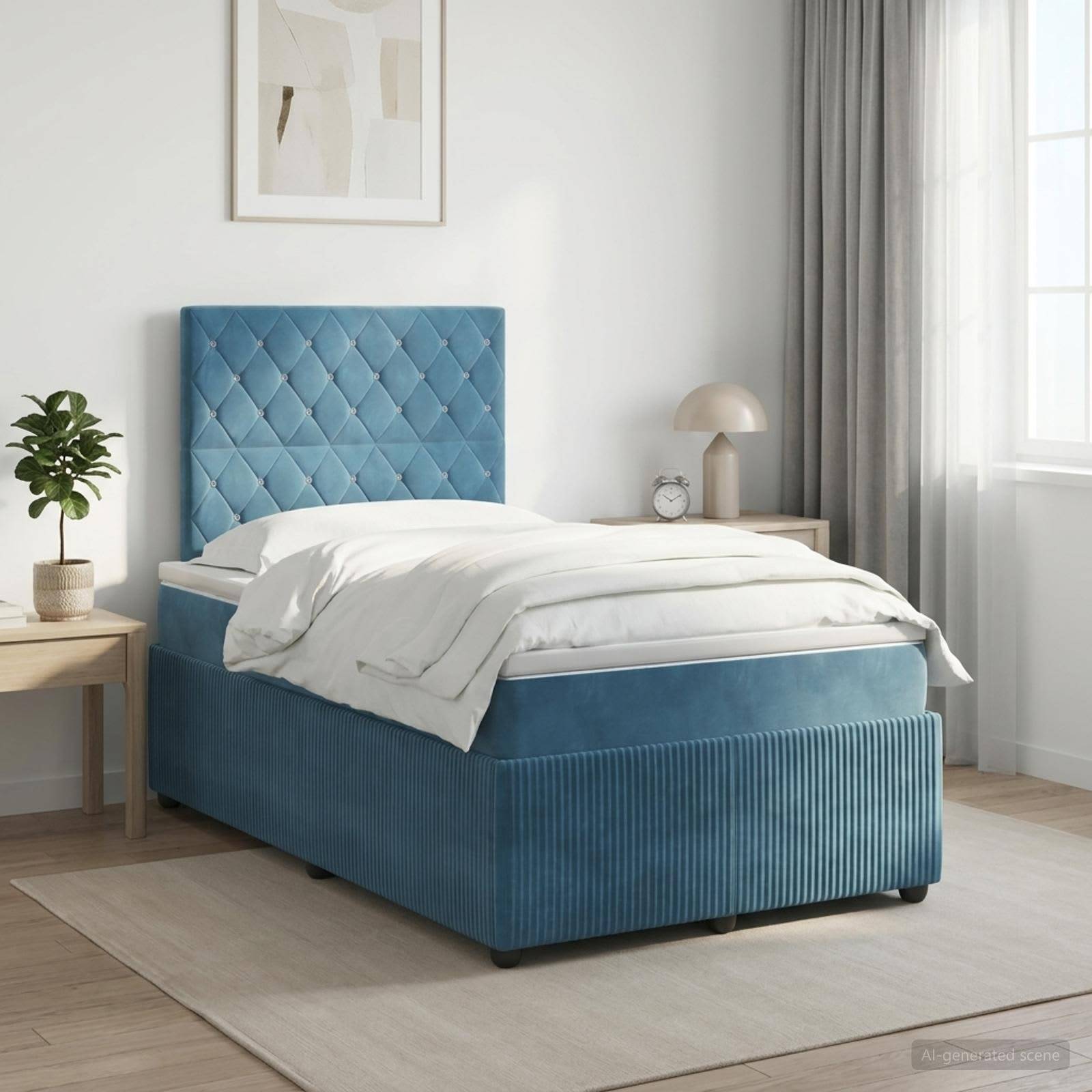 Blaues gepolstertes Bett in einem hellen, minimalistischen Schlafzimmer mit weißer Bettwäsche, Nachttischen, Lampe, Pflanze und großem Fenster.