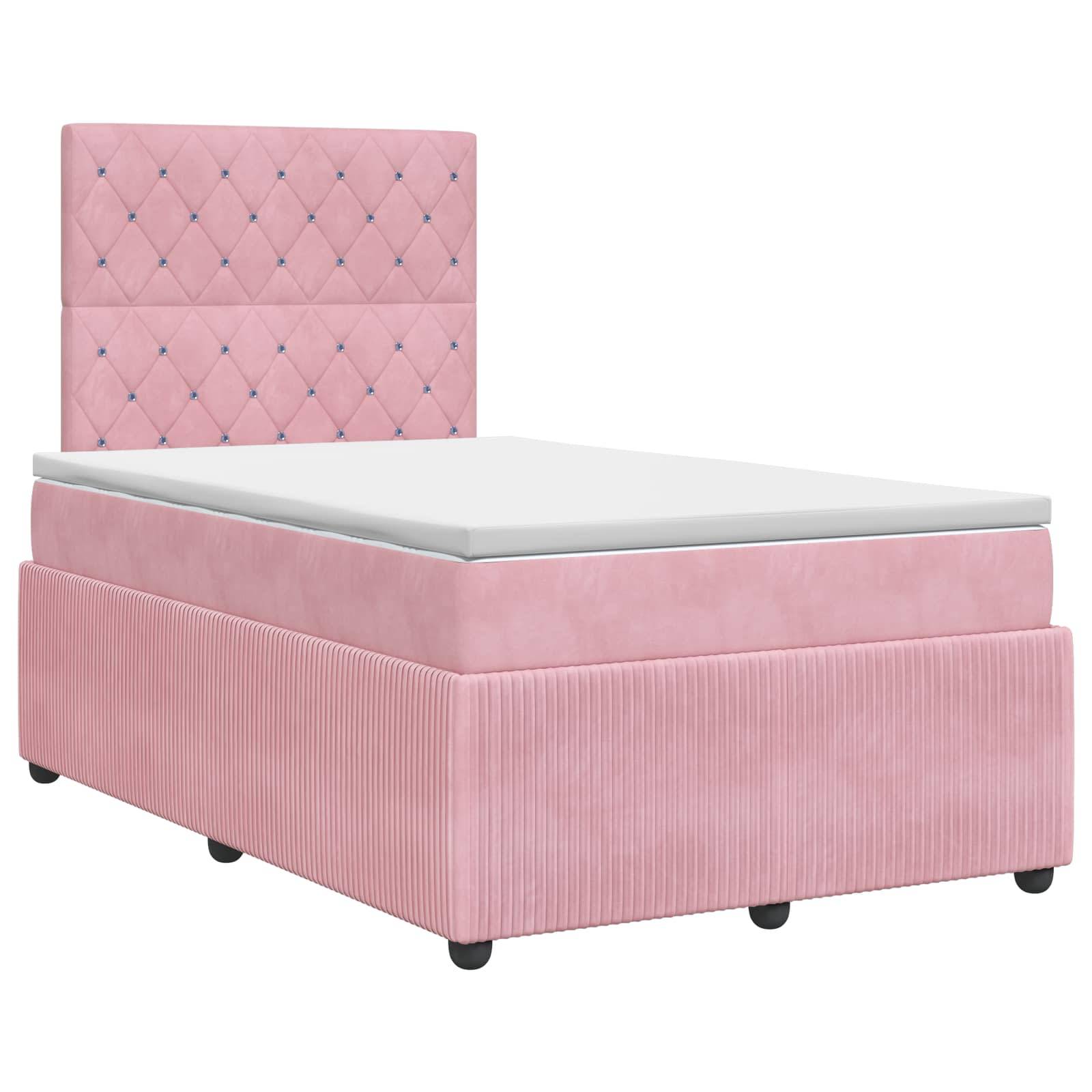 Einzelbett mit rosa Polsterung, gestepptem Kopfteil, grauer Matratze und geripptem Sockel auf schwarzen Beinen, auf weißem Hintergrund dargestellt.