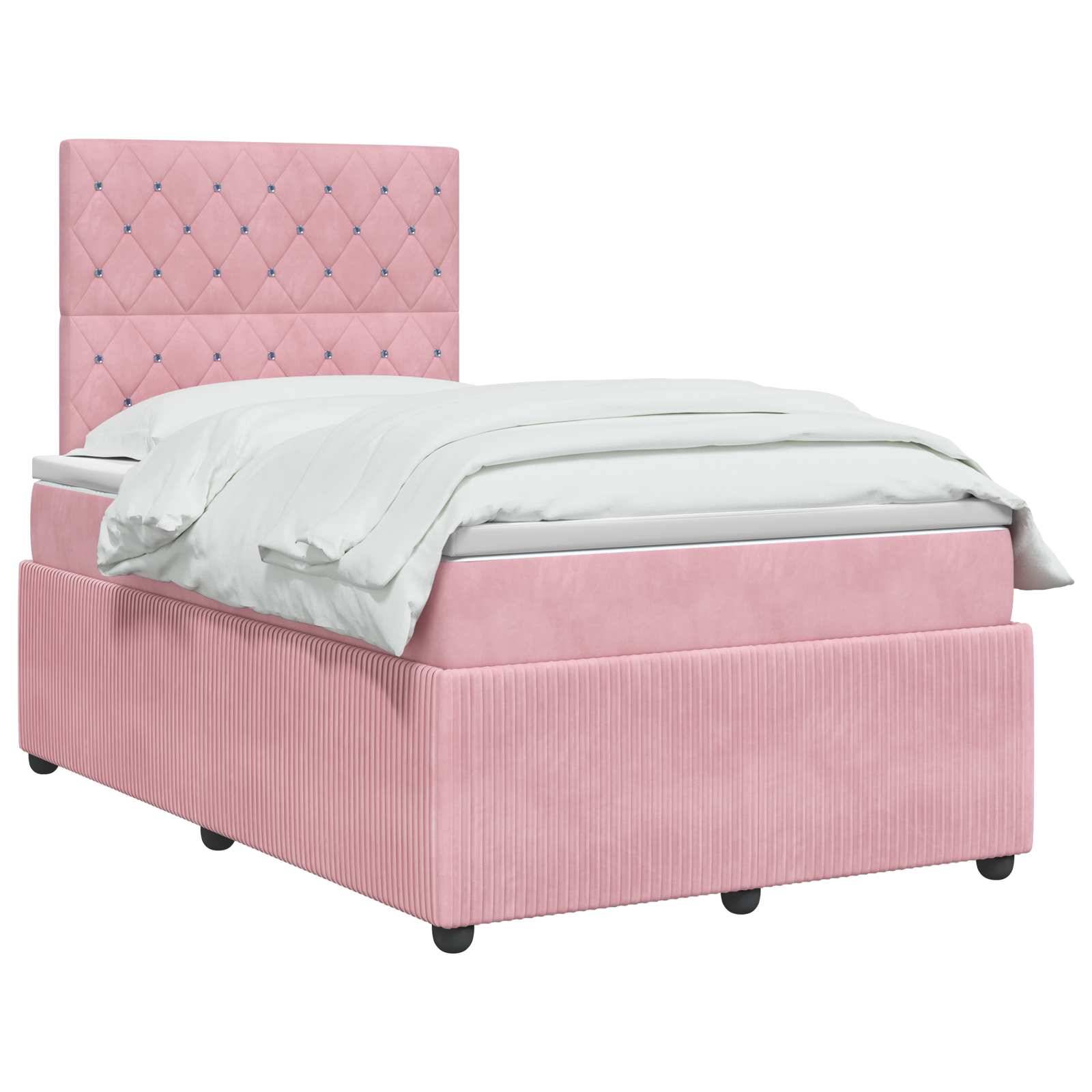 Rosa gepolstertes Einzelbett mit gestepptem Kopfteil und weißer Bettwäsche auf weißem Hintergrund.