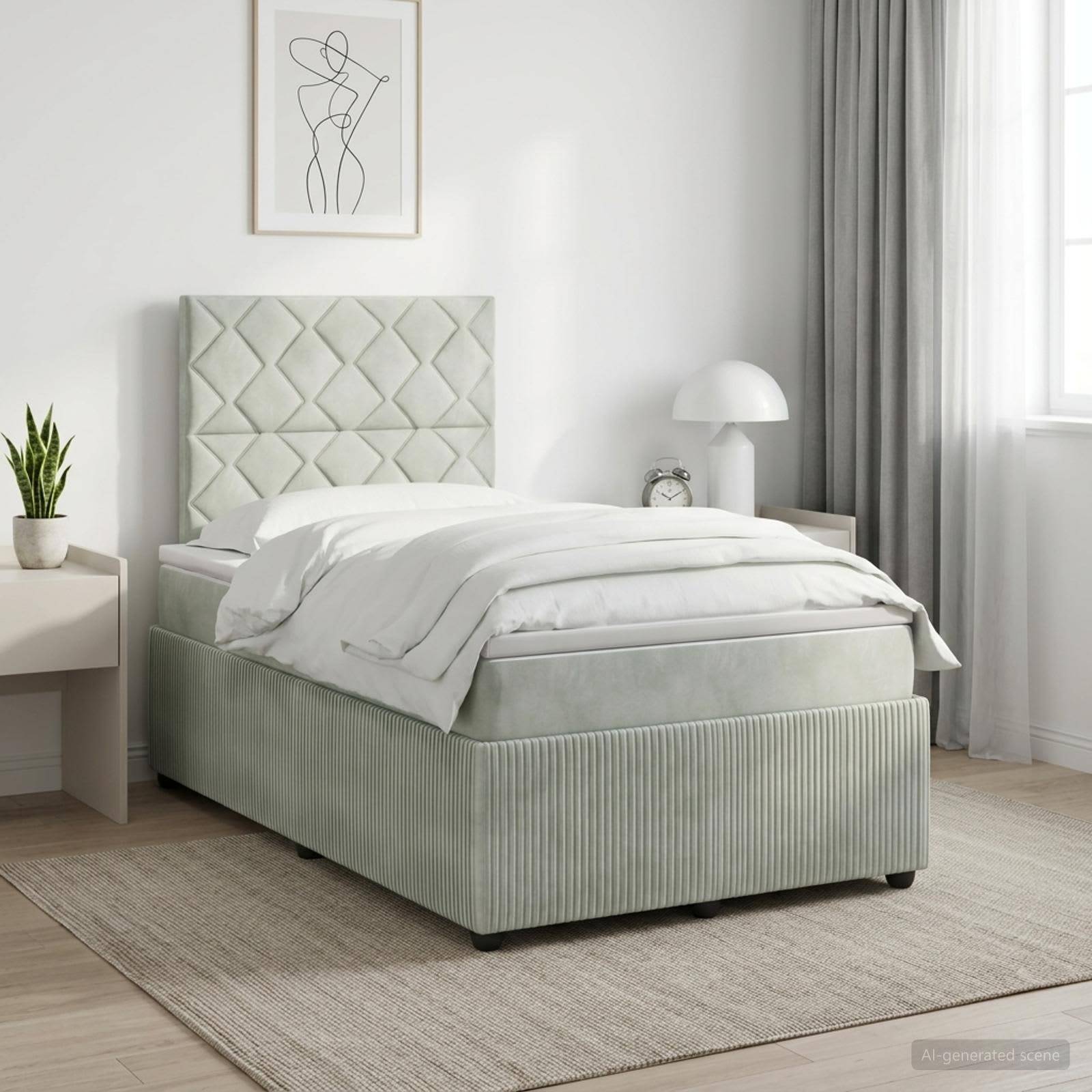 Minimalistisches Schlafzimmer mit einem hellgrün gepolsterten Bett, weißer Bettwäsche, Nachttischen, Lampe, Pflanze und abstrakter Wandkunst neben einem Fenster.