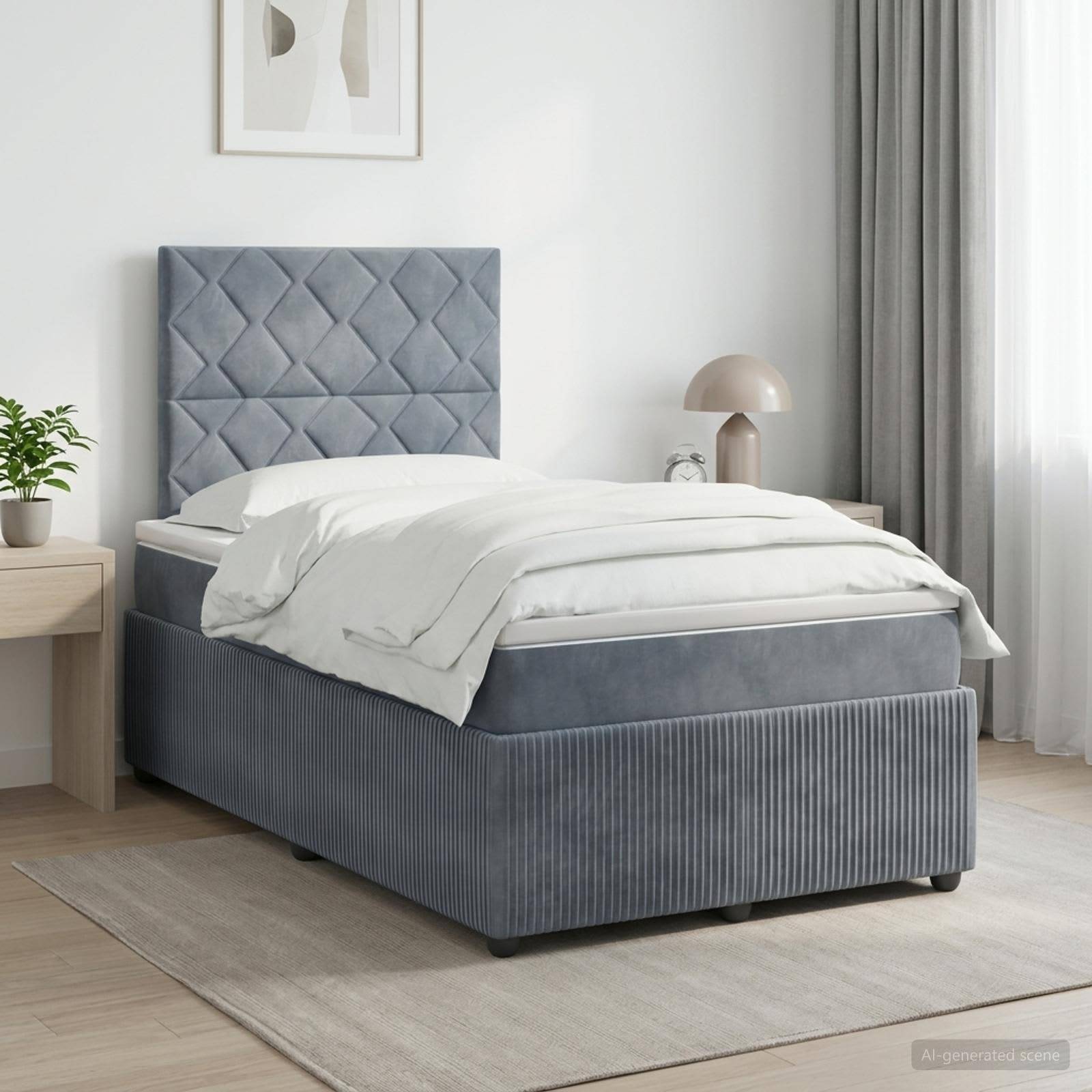 Bett mit blauem Polsterstoff und gestepptem Kopfteil, weiße Bettwäsche und ein Nachttisch in einem hellen modernen Schlafzimmer.