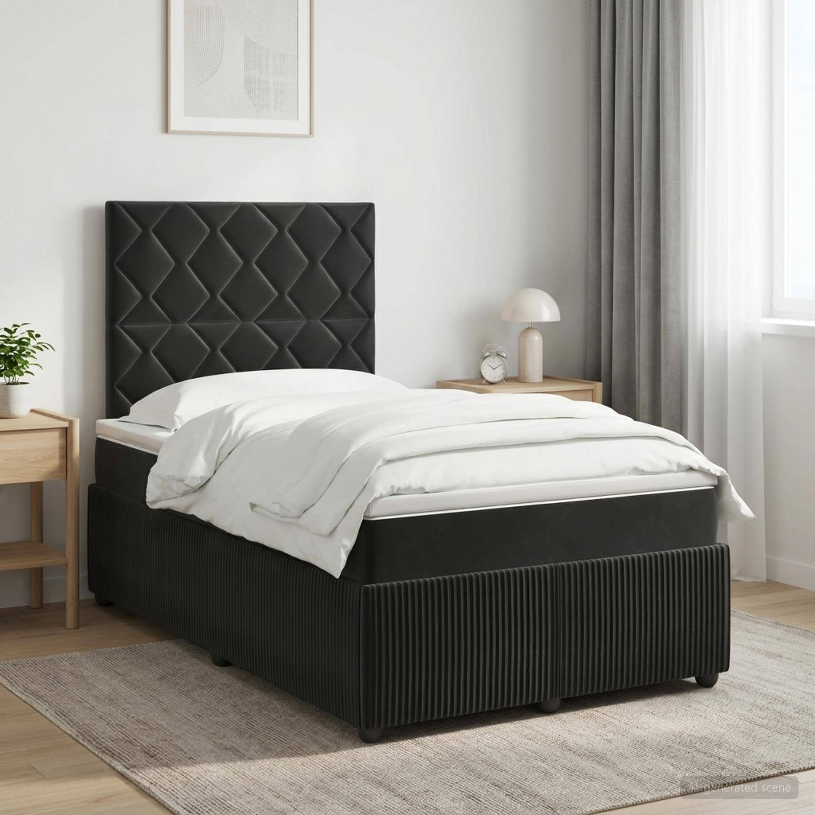 Ein modernes Schlafzimmer mit einem schwarzen gepolsterten Bett, weißer Bettwäsche, Nachttischen, einer Lampe, Vorhängen und einem Teppich neben einem hellen Fenster.