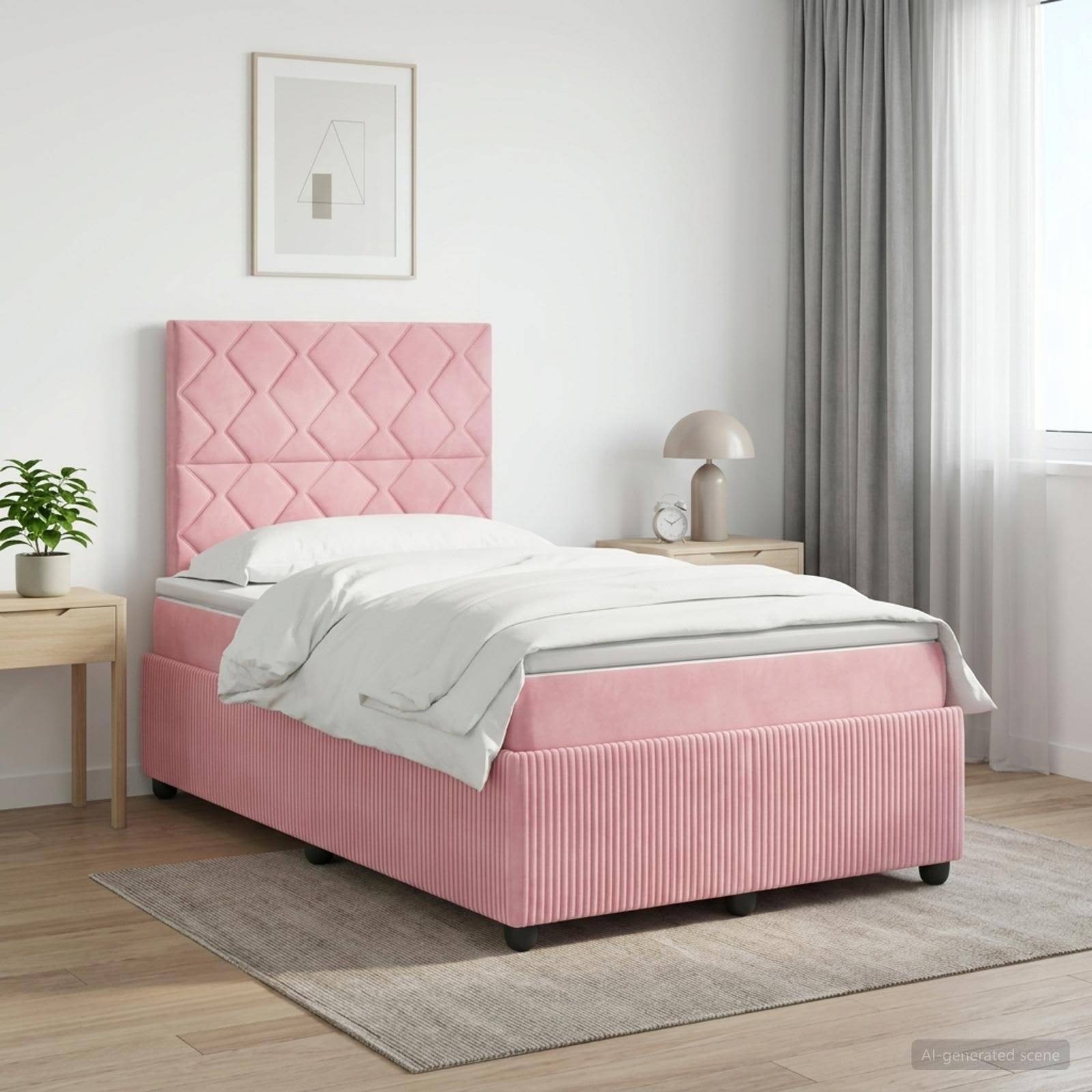 Einzelbett mit rosa Polsterung und gestepptem Kopfteil in einem hellen Schlafzimmer, bezogen mit weißer Bettwäsche neben einfachen Nachttischen und Vorhängen.