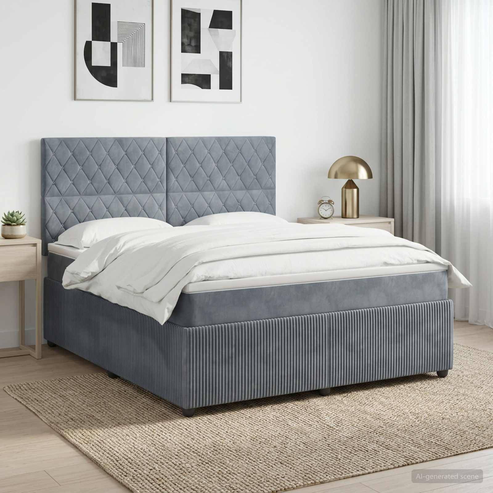 Modernes Schlafzimmer mit einem grau gepolsterten Bett, weißer Bettwäsche, Nachttischen, Lampen, Wandkunst und transparenten Gardinen.