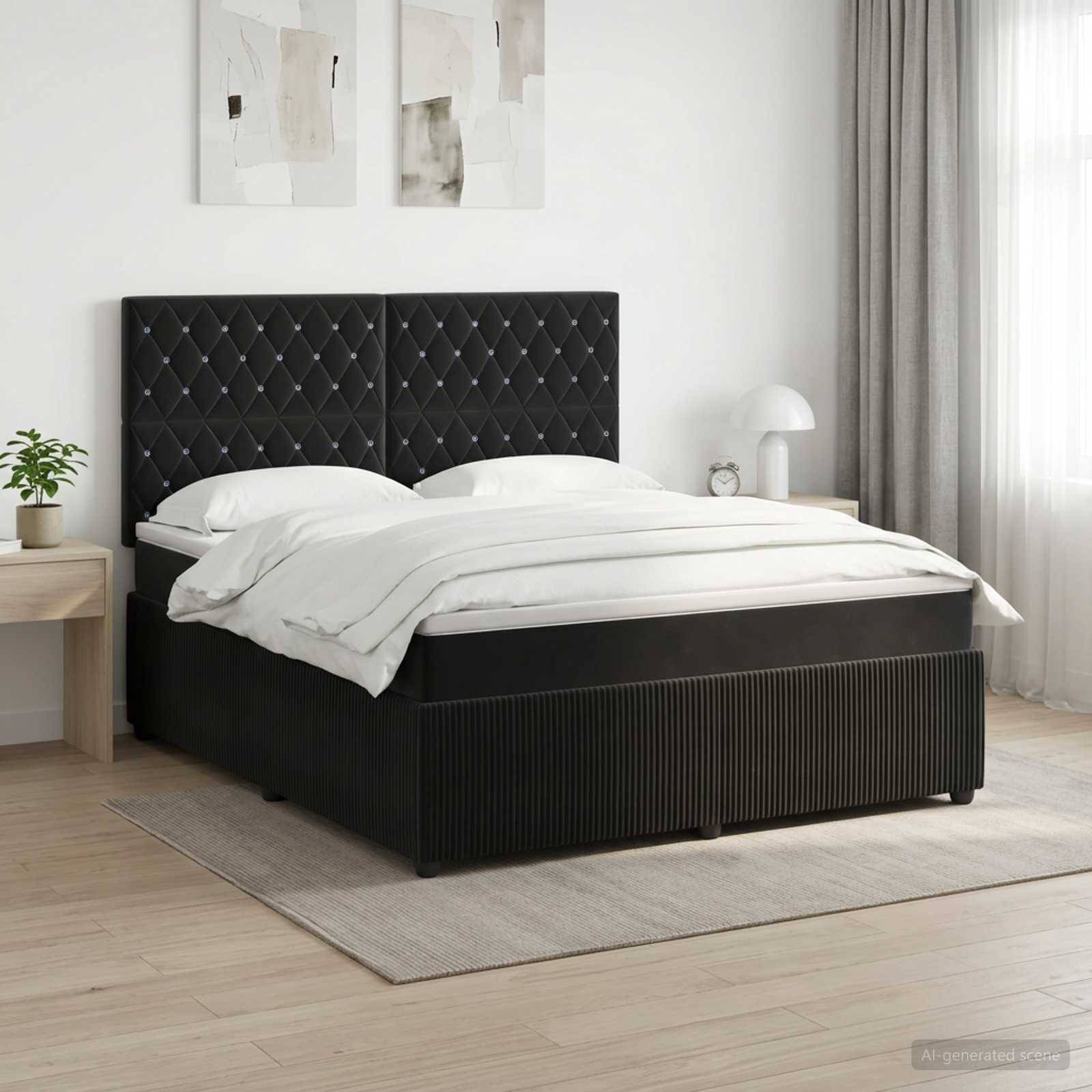 Modernes Schlafzimmer mit einem schwarzen gepolsterten Bett, weißer Bettwäsche, Nachttisch, Lampe, Pflanze und transparenten Vorhängen auf einem hellen Teppich und Holzboden.
