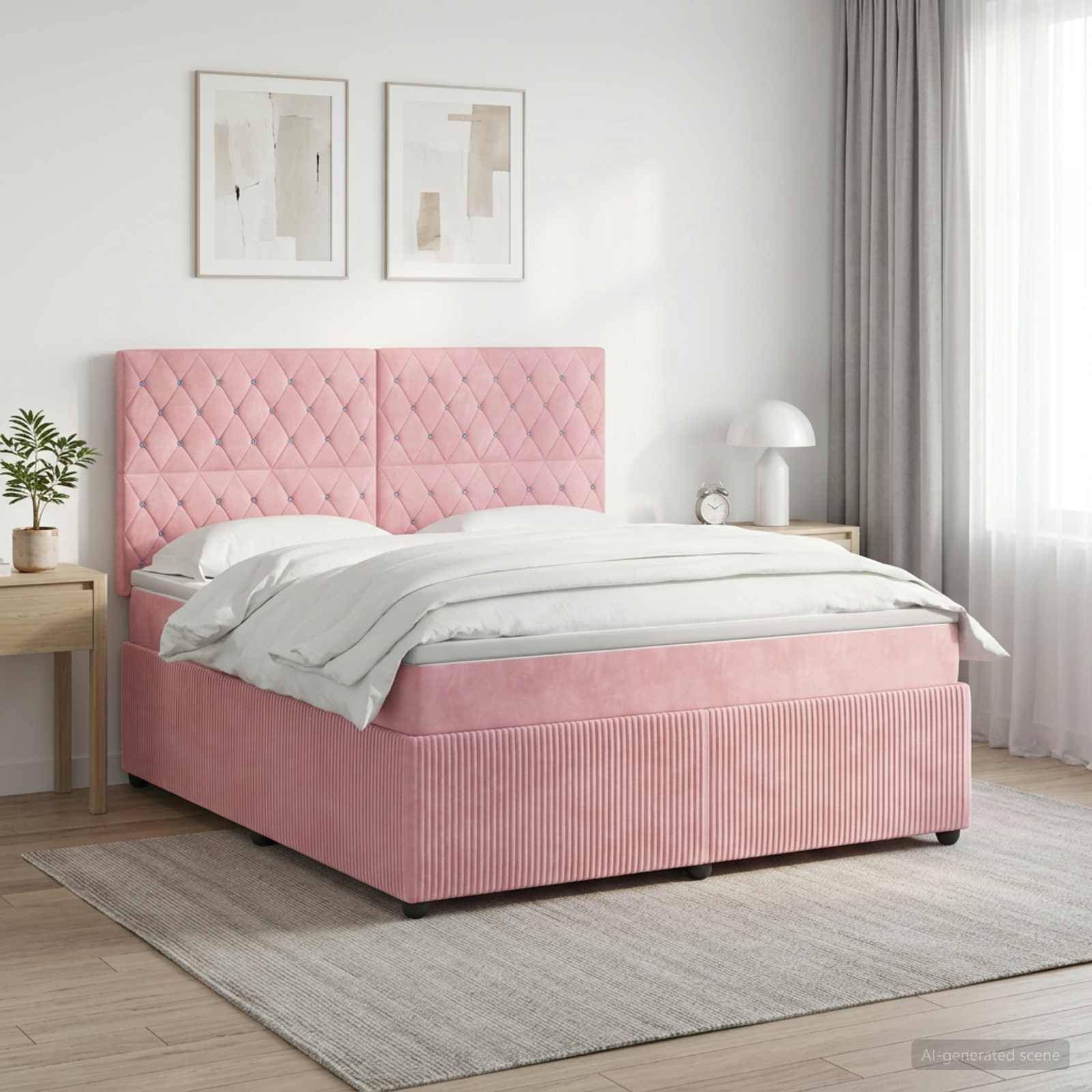 Rosa gepolstertes Bett mit gestepptem Kopfteil in einem hellen, minimalistischen Schlafzimmer mit weißer Bettwäsche und gerahmten Wandbildern.