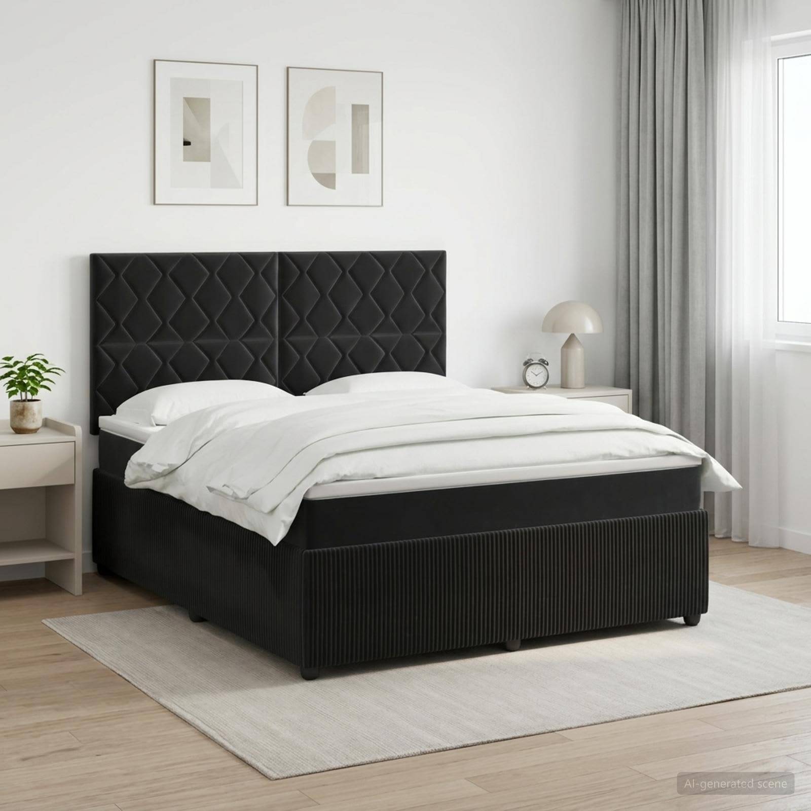 Modernes Schlafzimmer mit schwarzem gepolstertem Bett, weißer Bettwäsche, gerahmten Wandbildern, Nachttisch, Lampe, Pflanze und transparenten Vorhängen an einem Fenster.