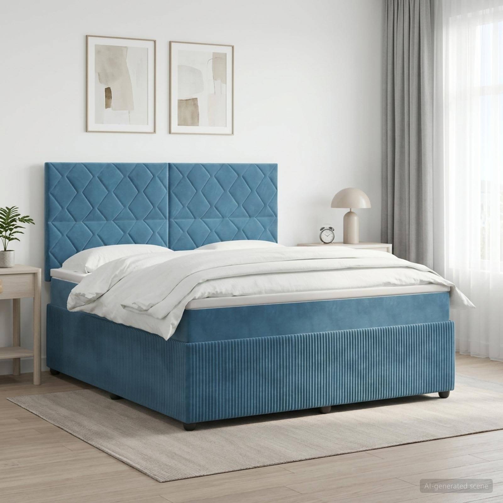 Modernes Schlafzimmer mit einem blau gepolsterten Bett, weißer Bettwäsche, Nachttisch, Lampe, Wandkunst in Rahmen und transparenten Vorhängen in einem hellen, minimalistischen Raum.