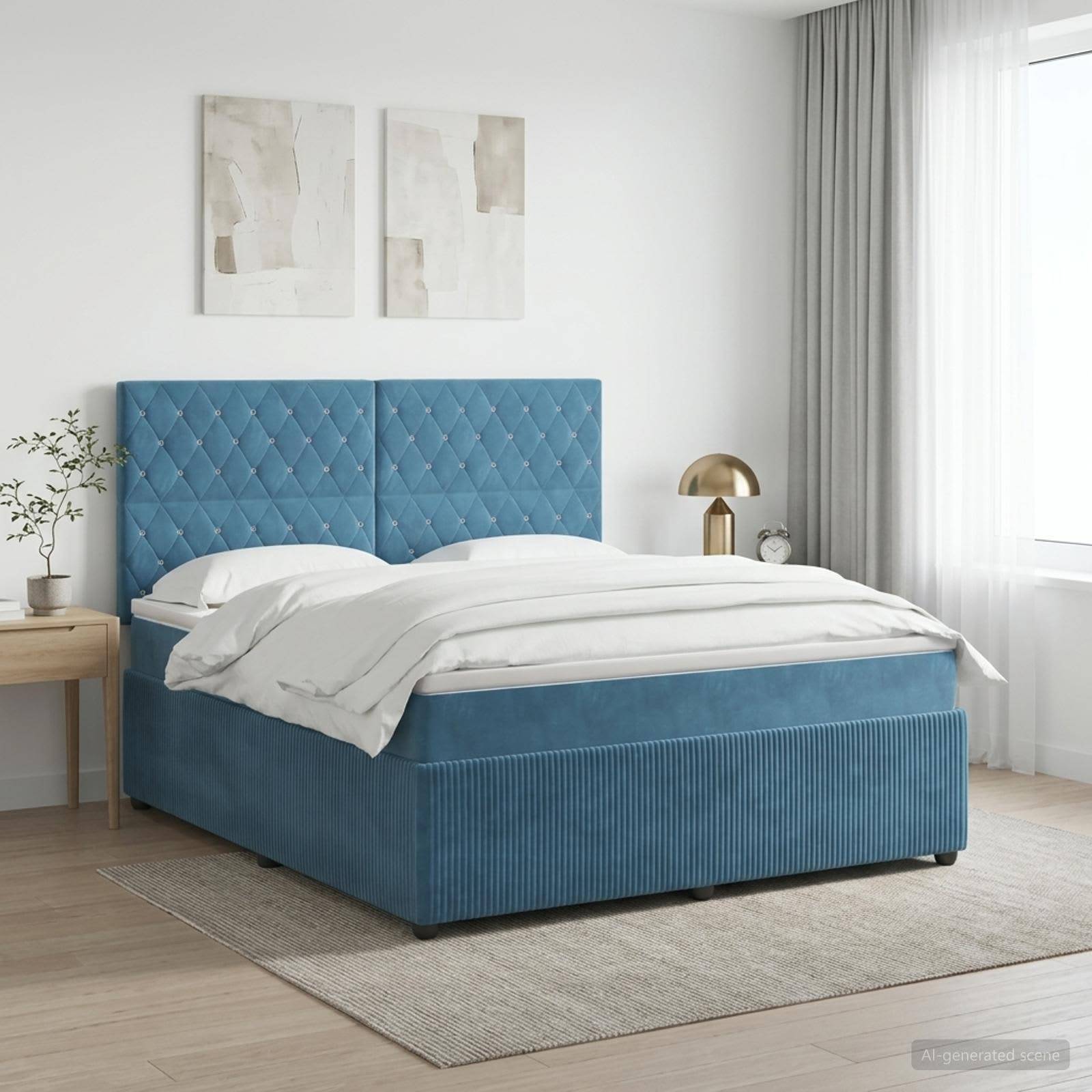 Bett mit blauem Polsterstoff und gestepptem Kopfteil in einem hellen, minimalistischen Schlafzimmer, gezeigt mit weißer Bettwäsche, Nachttisch, Lampe und Wandkunst.