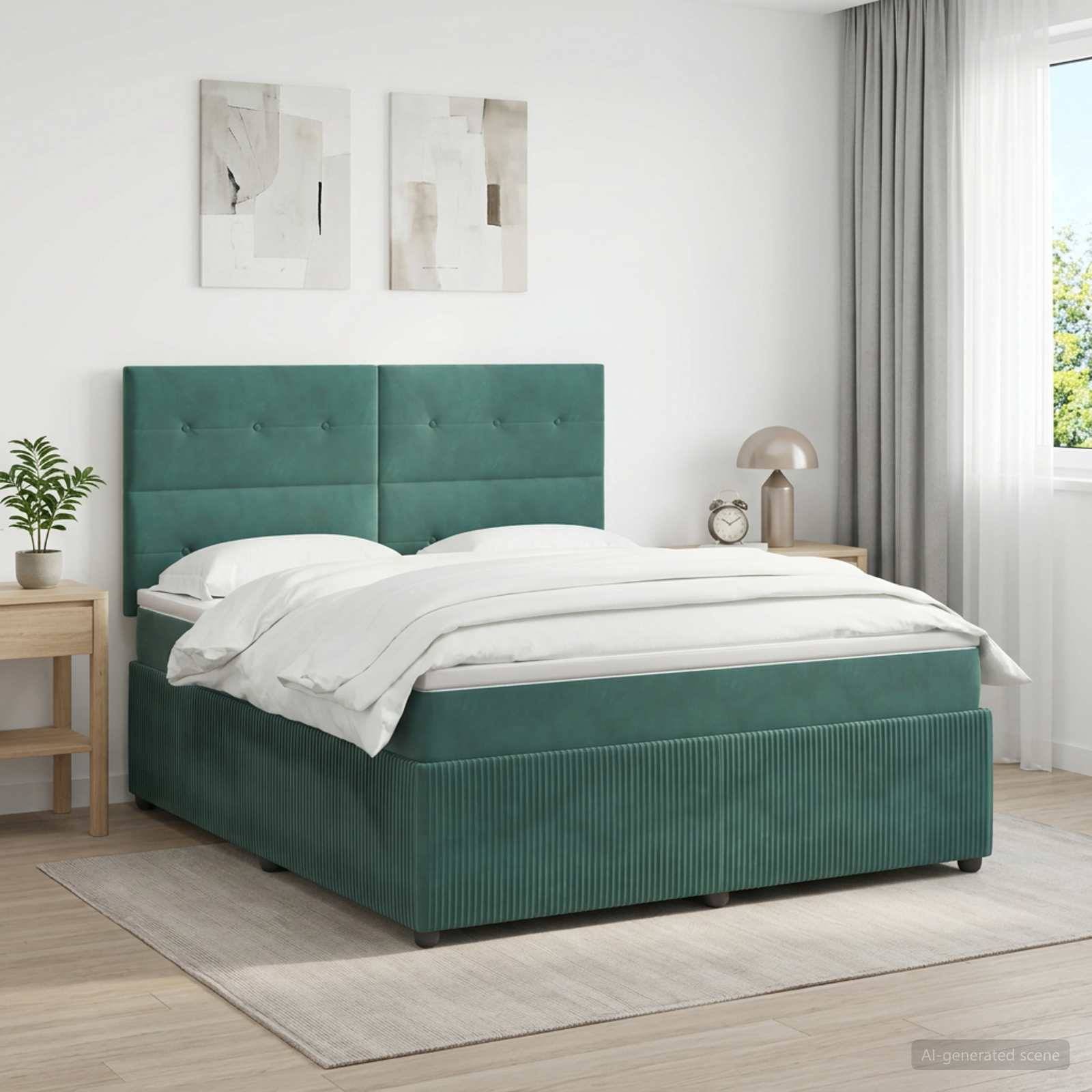 Modernes Schlafzimmer mit einem blaugrün gepolsterten Bett, das mit weißer Bettwäsche bezogen ist, flankiert von Nachttischen, unter abstrakter Wandkunst und neben einem Fenster mit Vorhängen.