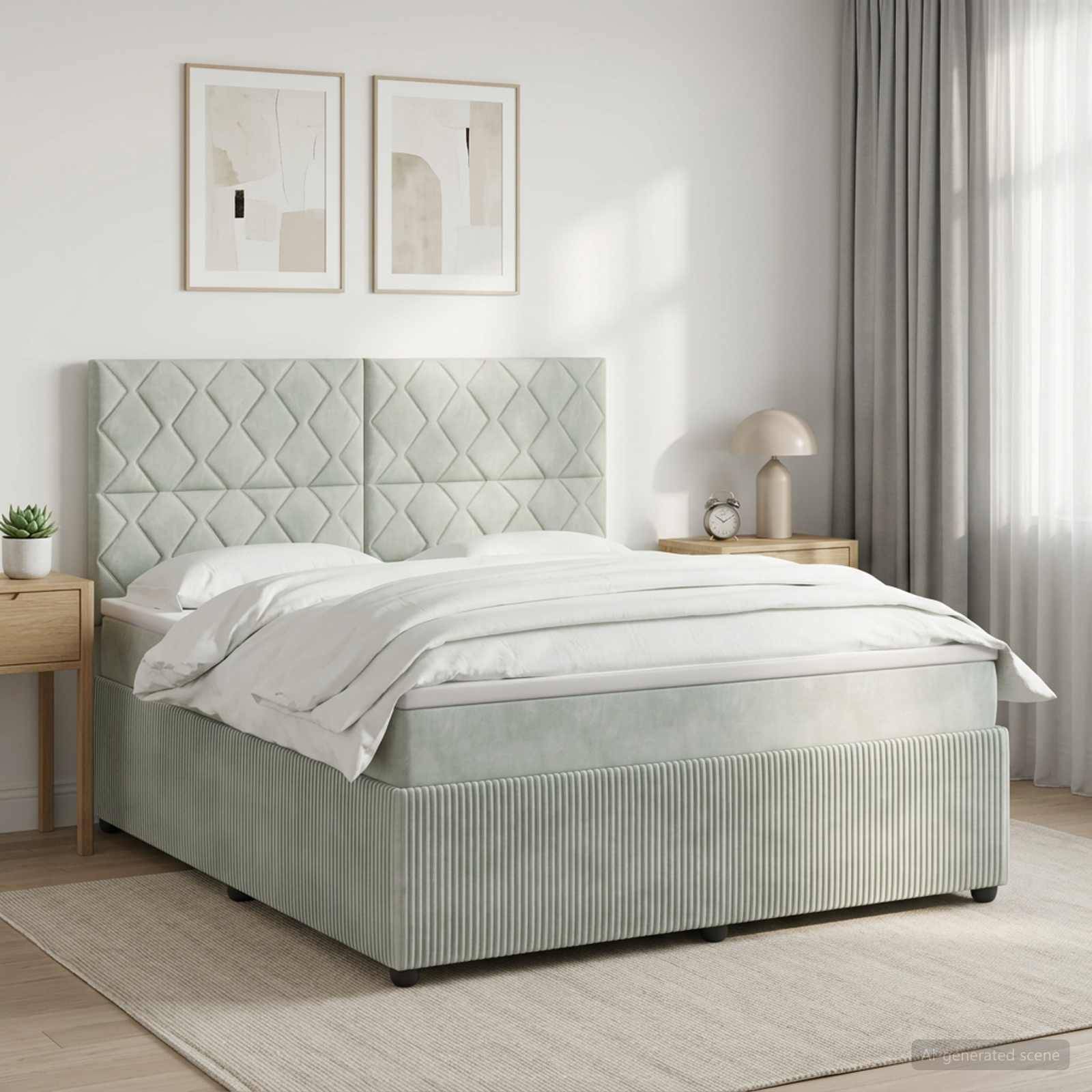 Modernes Schlafzimmer mit einem blassgrünen gepolsterten Bett, gestepptem Kopfteil, weißer Bettwäsche, Nachttischen, gerahmten Wandbildern und transparenten Vorhängen.