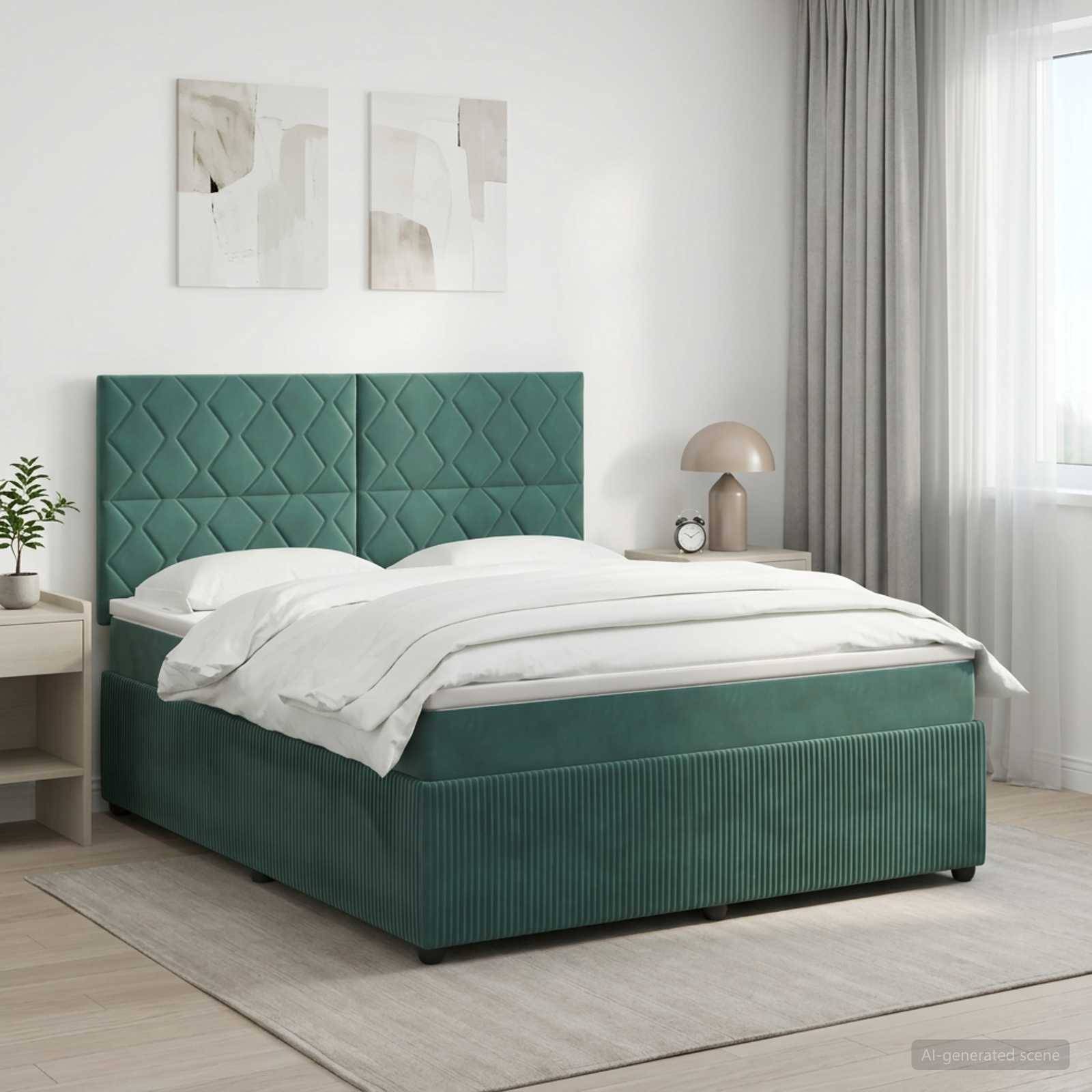 Modernes Schlafzimmer mit einem blaugrün gepolsterten Bett, weißer Bettwäsche, Nachttisch, Wandkunst und transparenten Vorhängen in einem hellen, minimalistischen Raum.