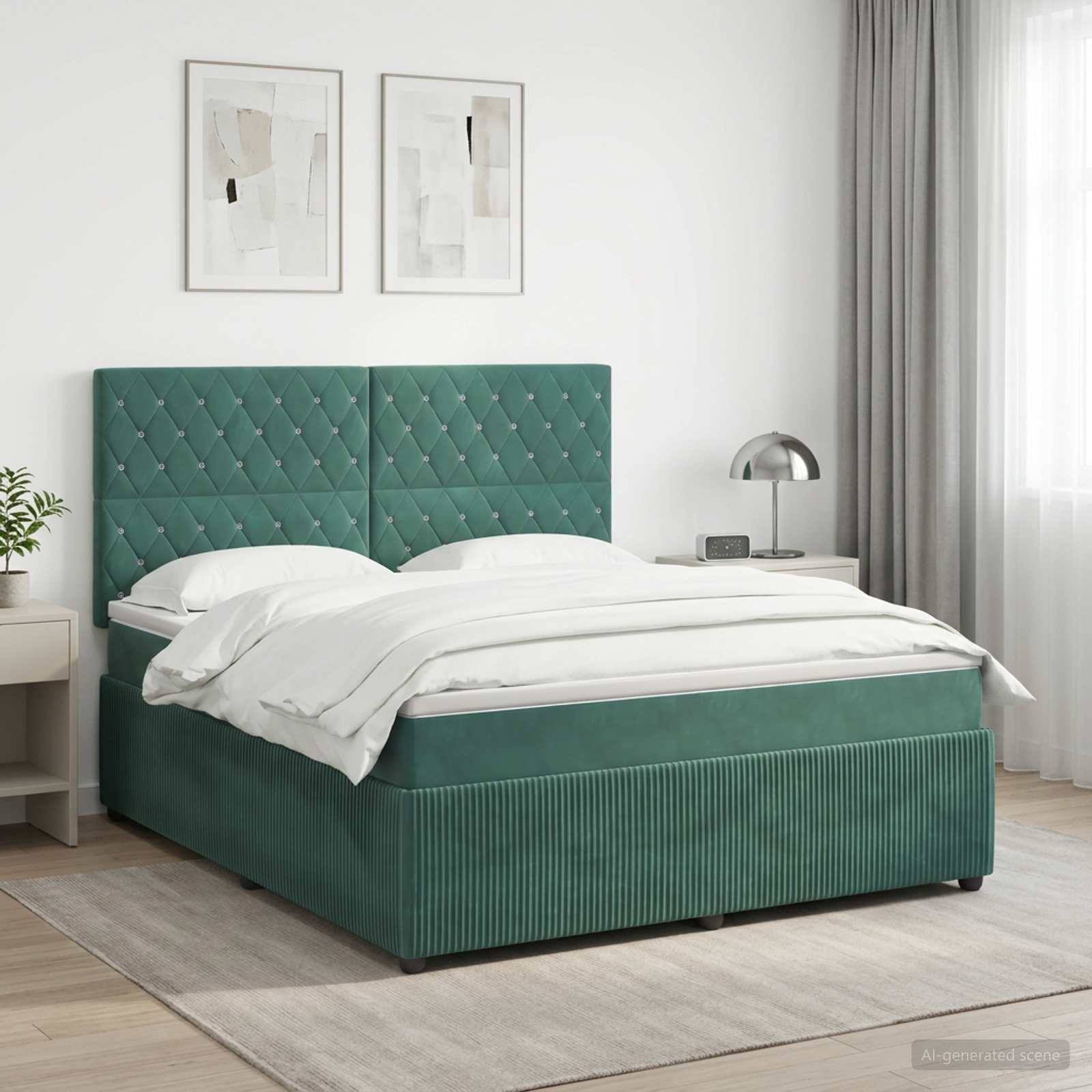 Modernes Schlafzimmer mit einem petrolblau gepolsterten Bett, weißer Bettwäsche, Nachttisch, Lampe, gerahmten Wandkunstwerken, Vorhängen und einem hellen Teppich.