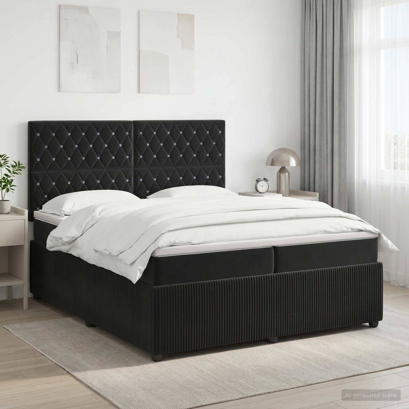 Modernes Schlafzimmer mit einem schwarz gepolsterten Bett, weißer Bettwäsche, Nachttisch, Lampe und leichten Gardinen in einem hellen minimalistischen Raum.
