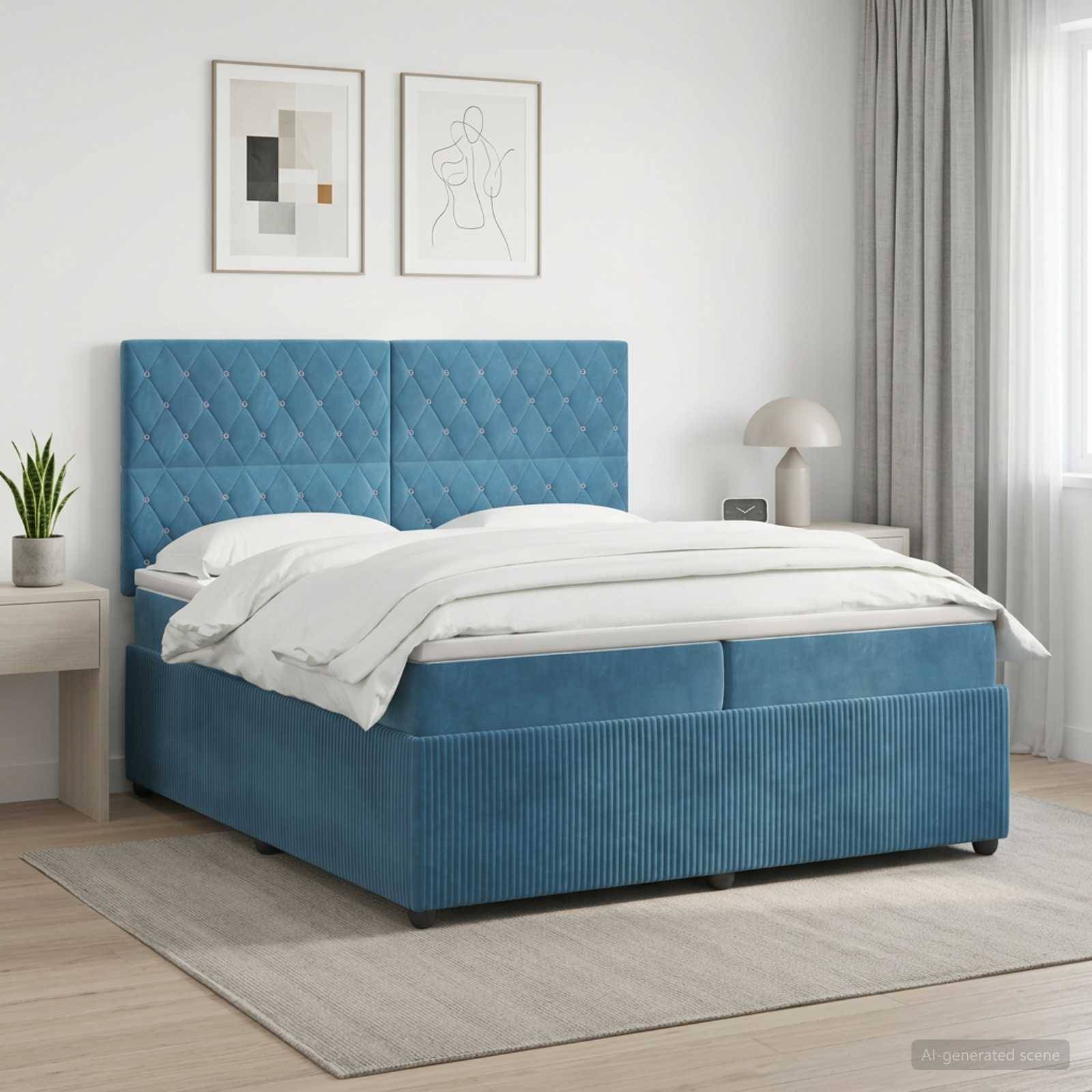 Blaugepolstertes Bett mit hohem gepolstertem Kopfteil, weiße Bettwäsche und gerahmte Wandkunst in einem hellen modernen Schlafzimmer.