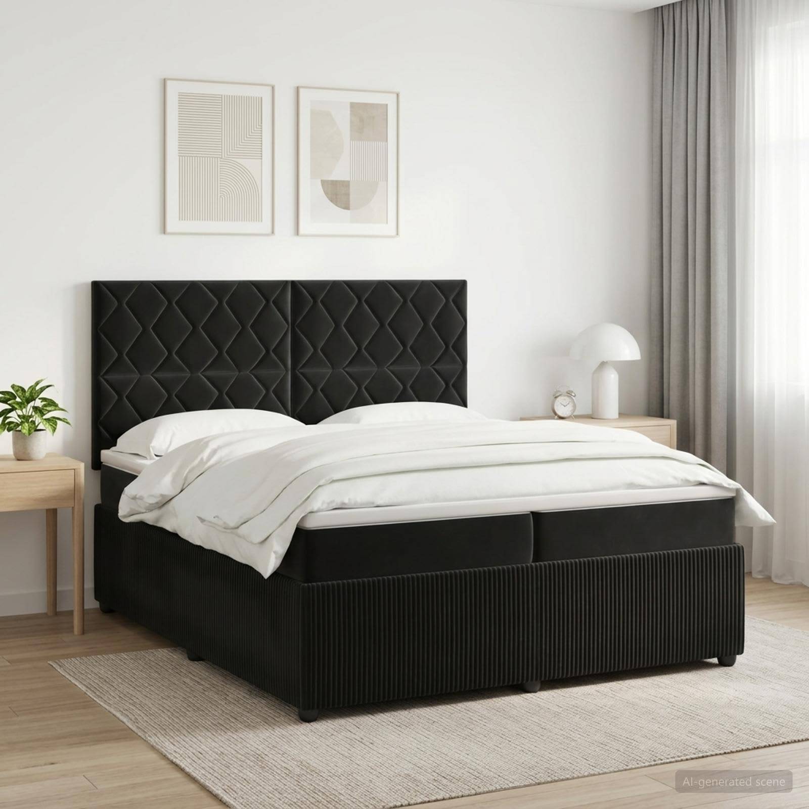 Modernes Schlafzimmer mit schwarzem gepolstertem Bett, weißer Bettwäsche, Nachttischen, Wandkunst und weicher, neutraler Einrichtung.
