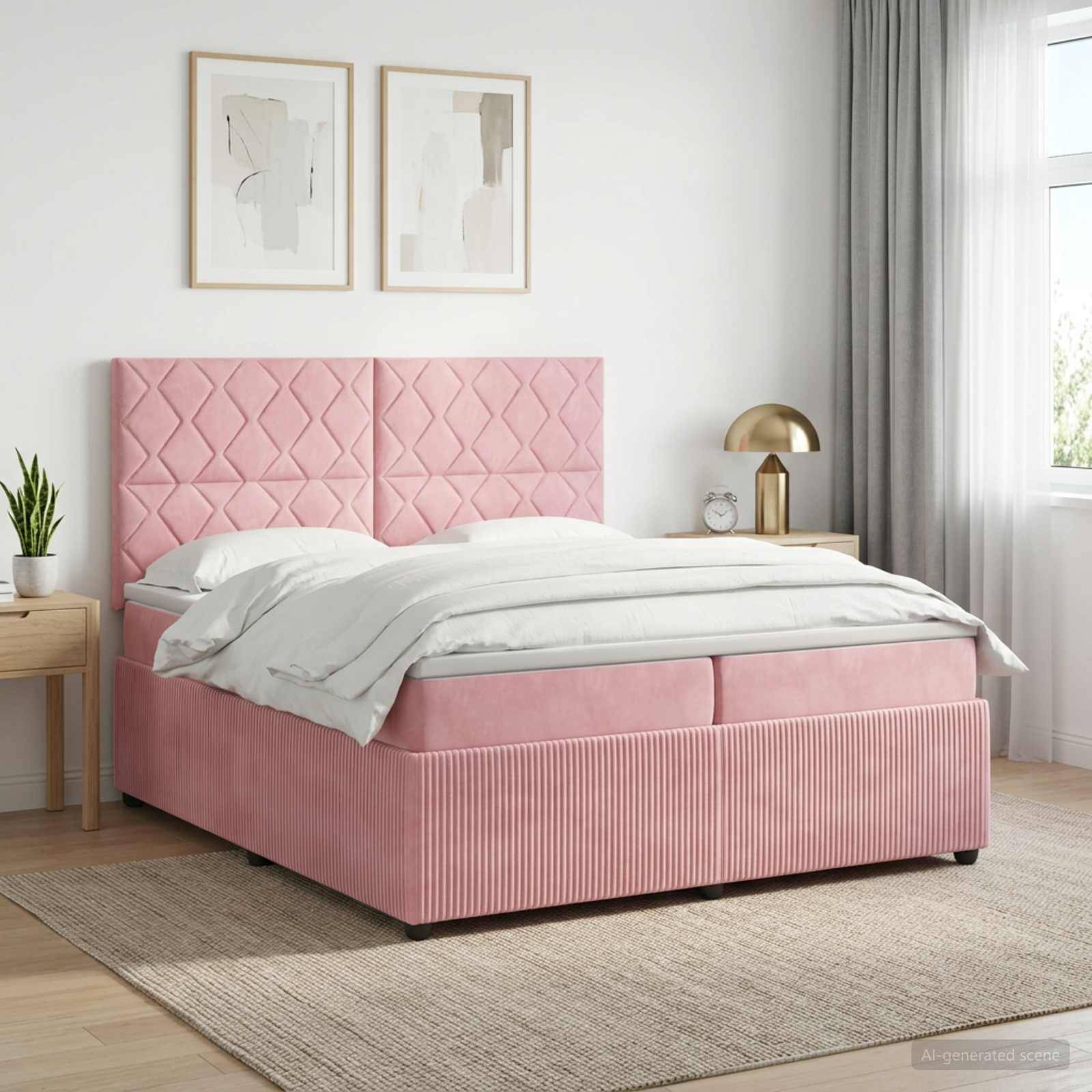 Rosa gepolstertes Bett mit einer Kopfleiste im Rautendesign in einem hellen, minimalistischen Schlafzimmer, ausgestattet mit weißer Bettwäsche und flankiert von kleinen Nachttischen.