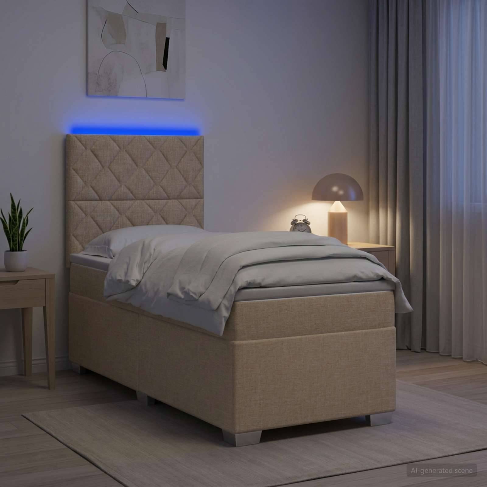 Beiges Polsterbett mit beleuchtetem blauem Kopfteil in einem modernen Schlafzimmer, mit Nachttischlampe, Pflanze und grauen Vorhängen.