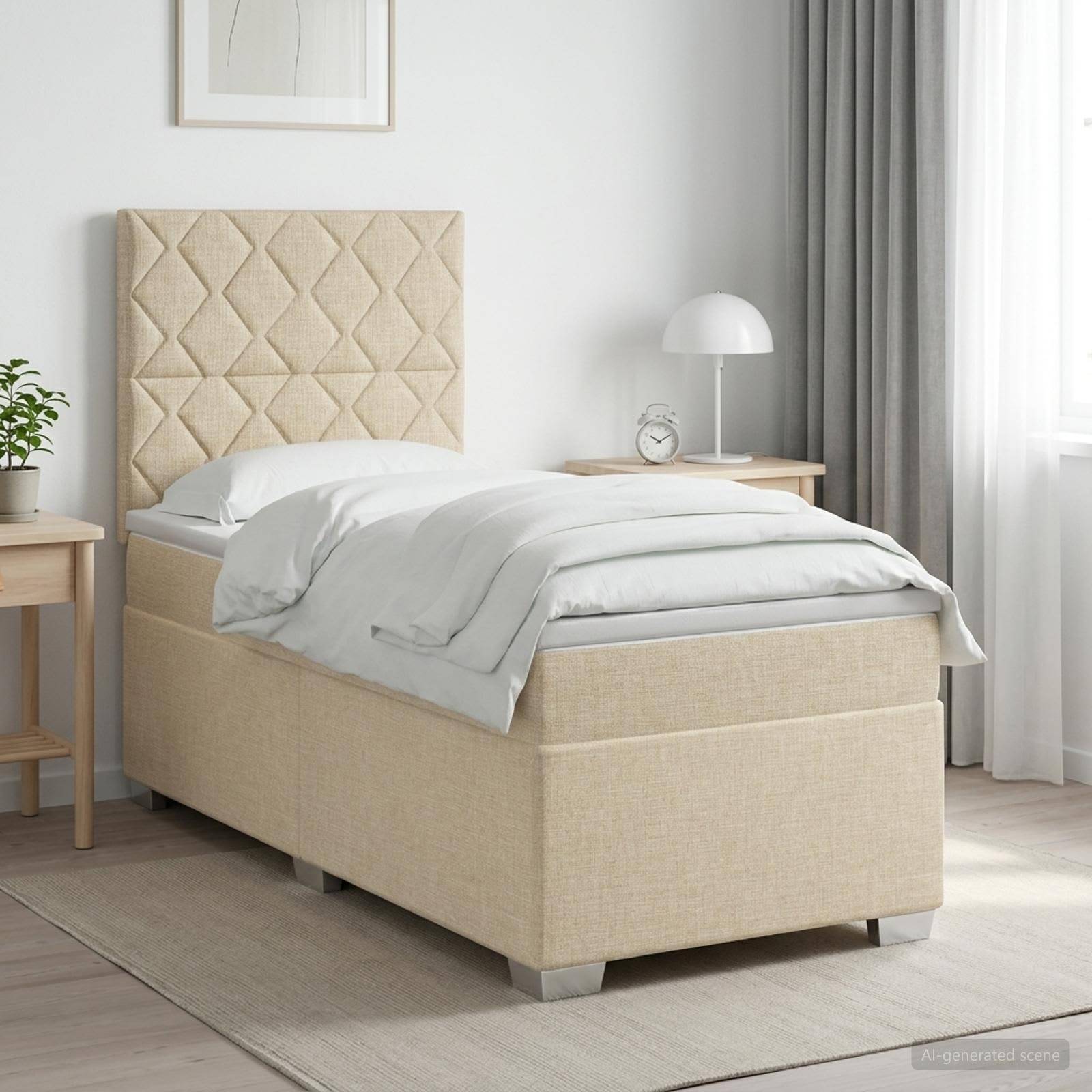 Beige gepolstertes Einzelbett mit gemustertem Kopfteil, weiße Bettwäsche und Nachttische in einem hellen, minimalistischen Schlafzimmer.