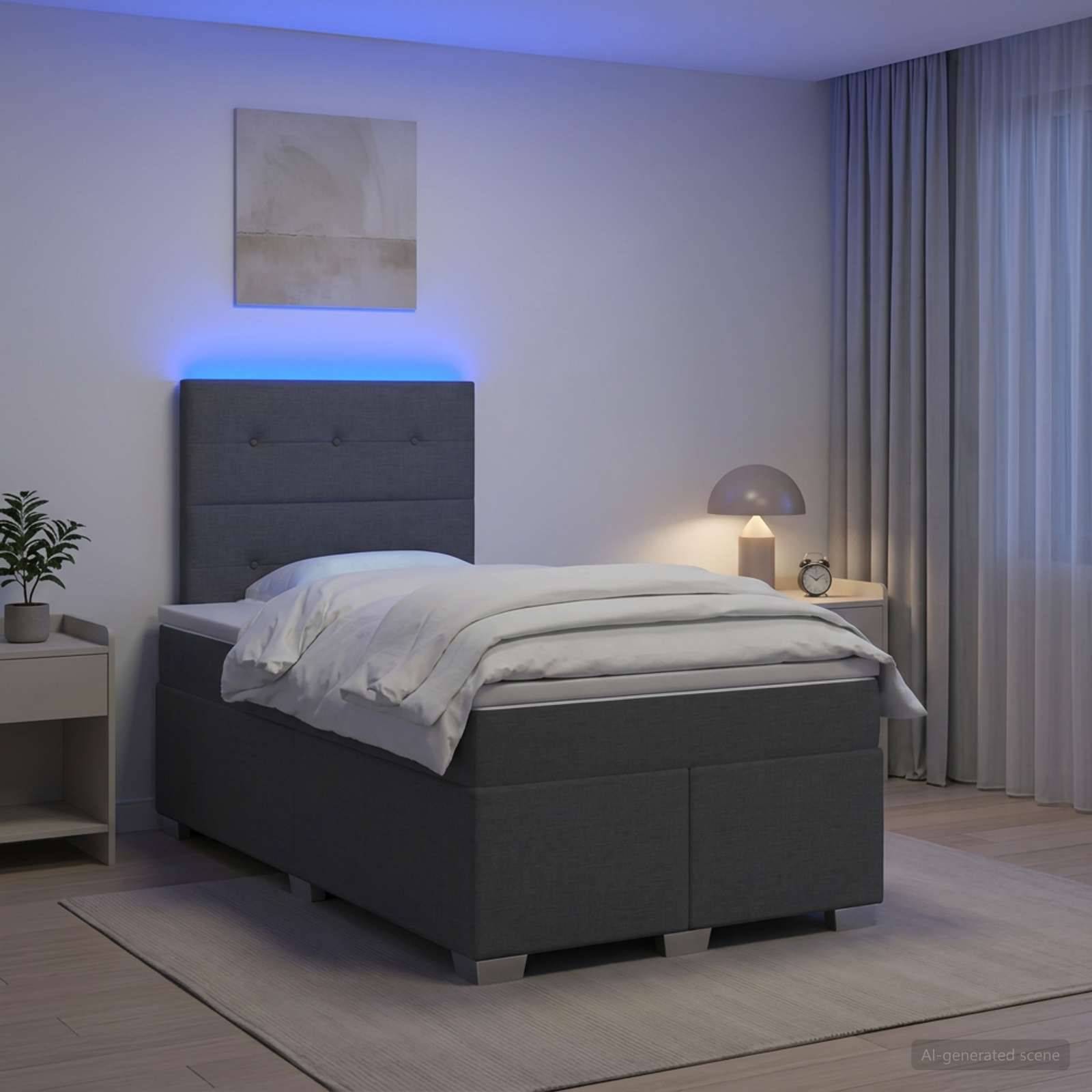 Modernes Schlafzimmer mit grauem gepolstertem Bett, blauem LED-Kopfteilglühen, Nachttischlampe, Pflanze, Vorhängen und neutraler Dekoration.
