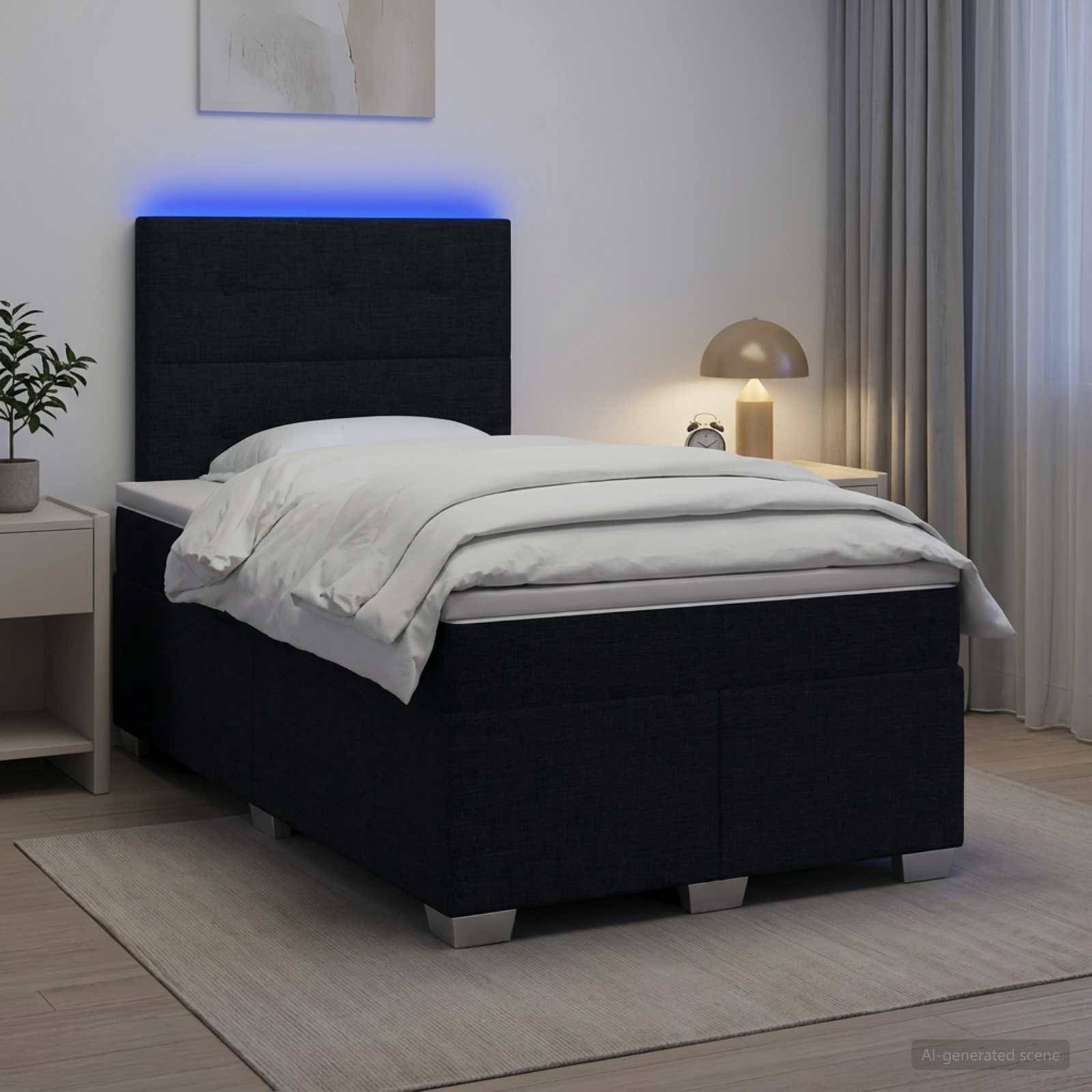 Modernes schwarzes Polsterbett mit weißer Bettwäsche und blauem LED-Kopfteilen-Glow in einem minimalistischen Schlafzimmer mit Nachttischlampe und Vorhängen.