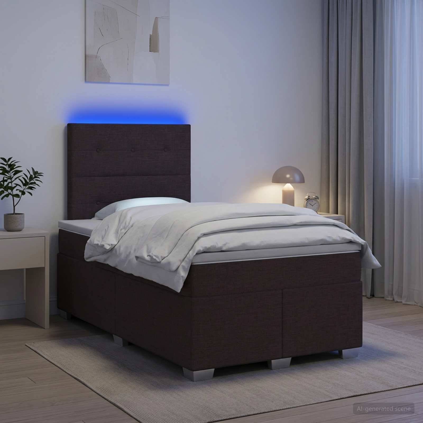Modernes Schlafzimmer mit dunkel gepolstertem Bett, weißer Bettwäsche, blau beleuchtetes Kopfende, Nachttischlampe, Vorhang und kleiner Pflanze auf einem Beistelltisch.