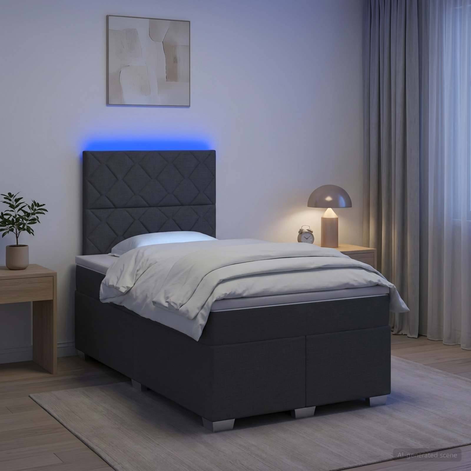 Modernes Schlafzimmer mit einem einzelnen schwarz gepolsterten Bett, blauem beleuchteten Kopfteil, Nachttischen, Lampe, Pflanze, Vorhang und Wandkunst.