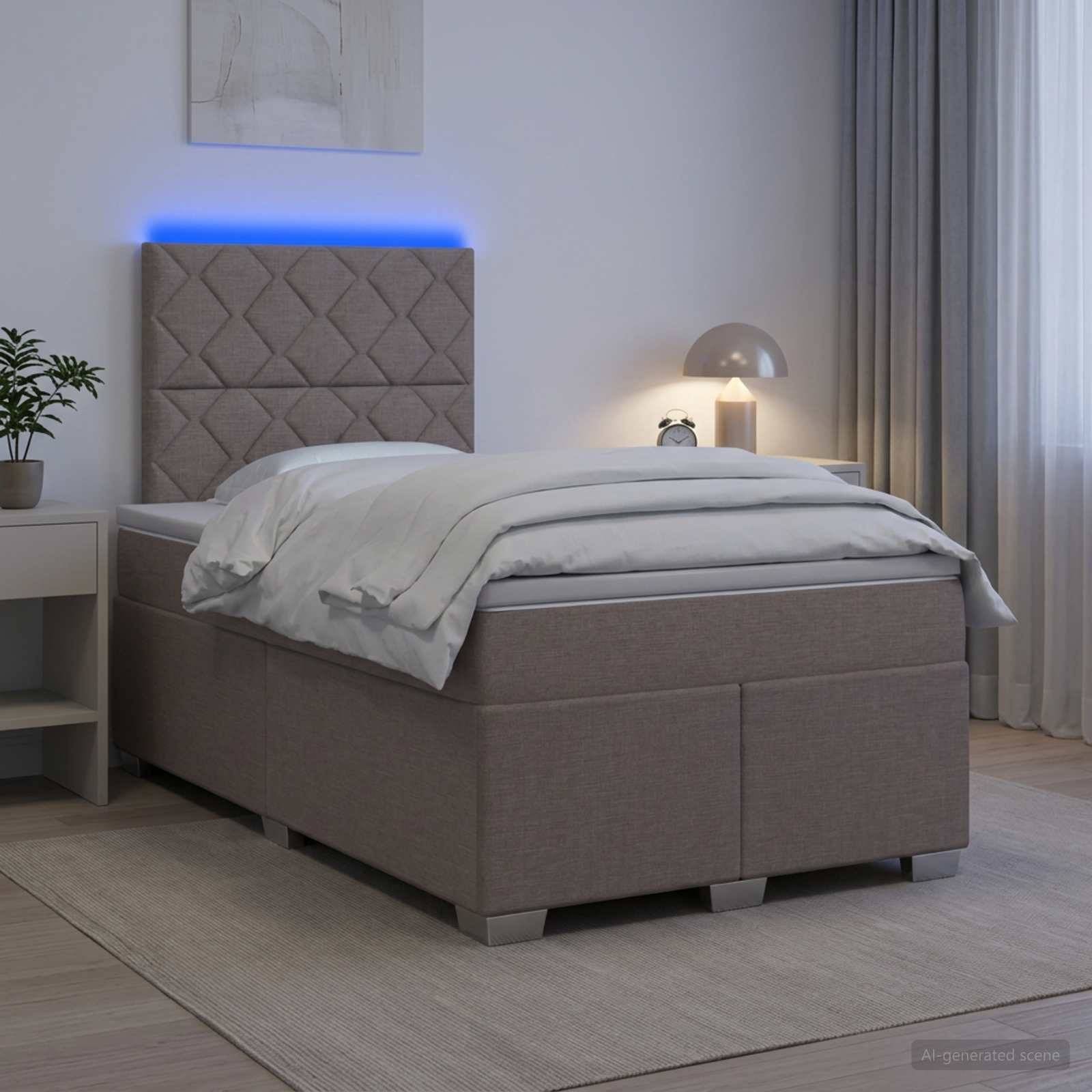 Modernes gepolstertes Einzelbett mit gestepptem Kopfteil und blauer LED-Hintergrundbeleuchtung in einem minimalistischen Schlafzimmer