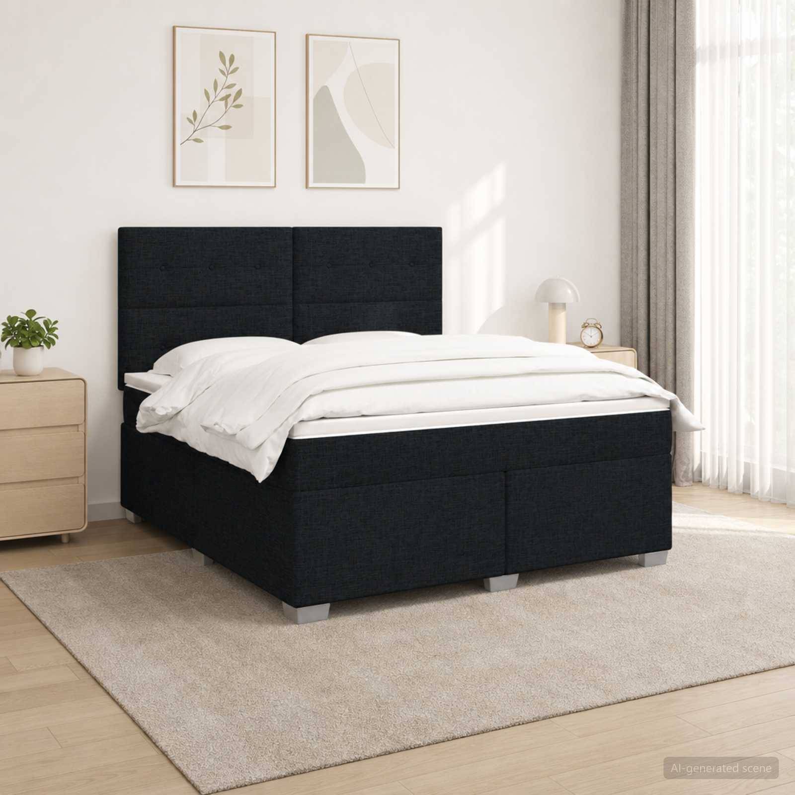 Modernes Schlafzimmer mit einem schwarz gepolsterten Bett, weißer Bettwäsche, Nachttisch, Teppich und Wandkunst in einem hellen, minimalistischen Raum.