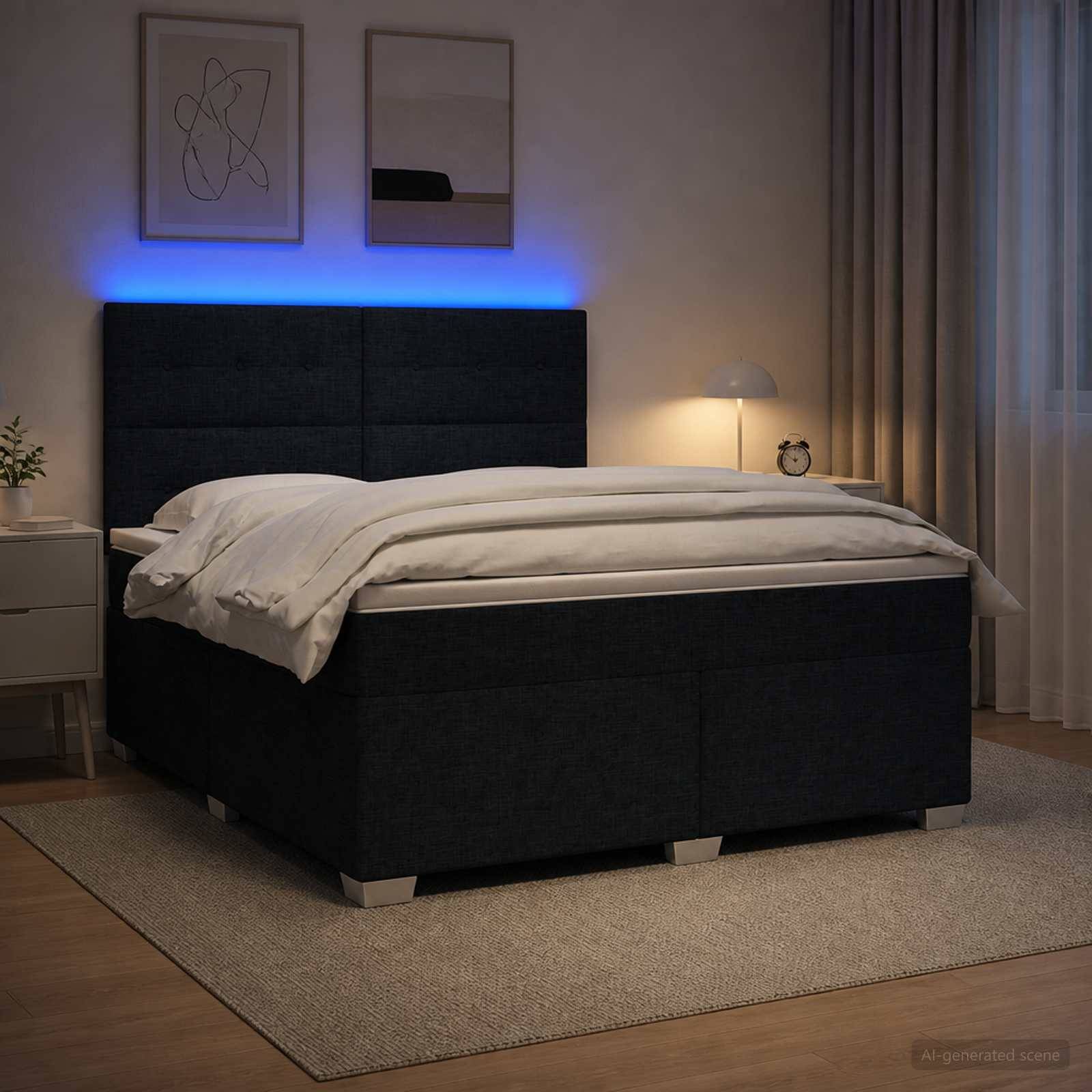 Modernes Schlafzimmer mit einem schwarzen gepolsterten Bett, weißer Bettwäsche, blauem LED-Kopflampen­licht, Nachttischlampe, Kunstwerk und Vorhängen.