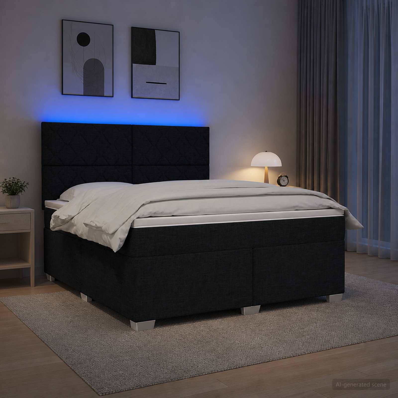 Modernes Schlafzimmer mit einem schwarzen gepolsterten Bett und blauer Kopfleuchte, weißer Bettwäsche, Nachttischlampe, Vorhang und abstrakter Wandkunst.