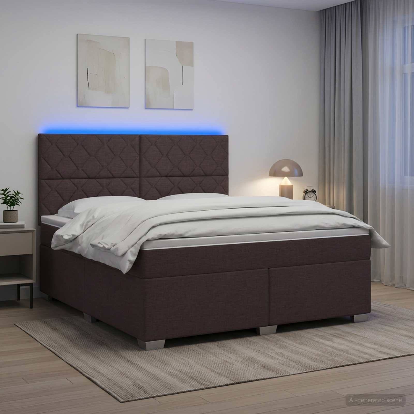 Modernes Schlafzimmer mit dunkel gepolstertem Bett, weißer Bettwäsche, blauer LED-Kopfleuchte, Nachttischlampe und neutraler Dekoration.