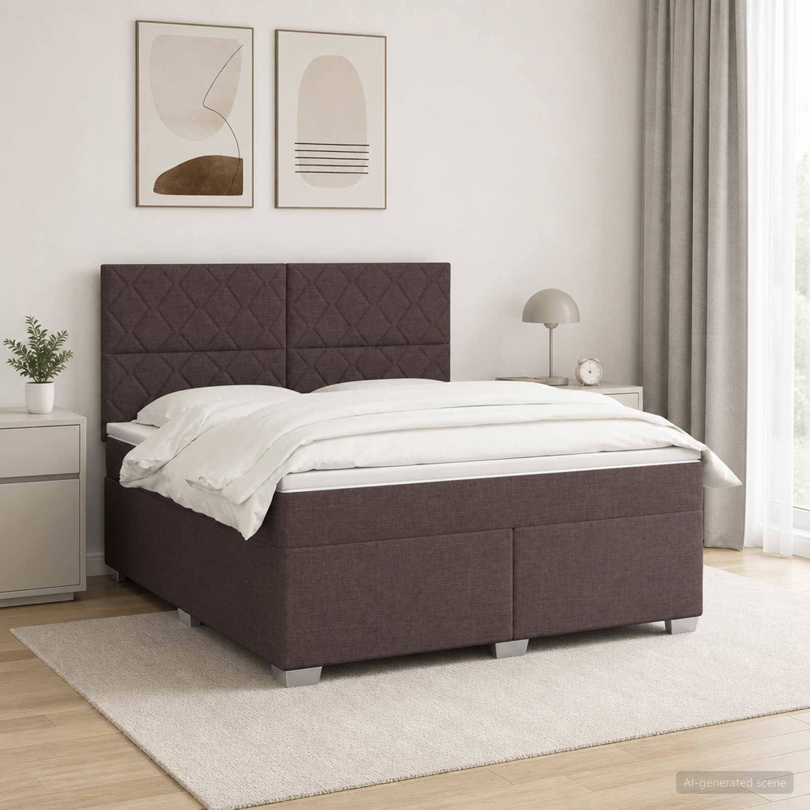 Modernes Schlafzimmer mit einem dunkel gepolsterten Bett, weißer Bettwäsche, Nachttischen, Wandkunst und einem hellen Teppich in einem hell minimalistischen Raum.
