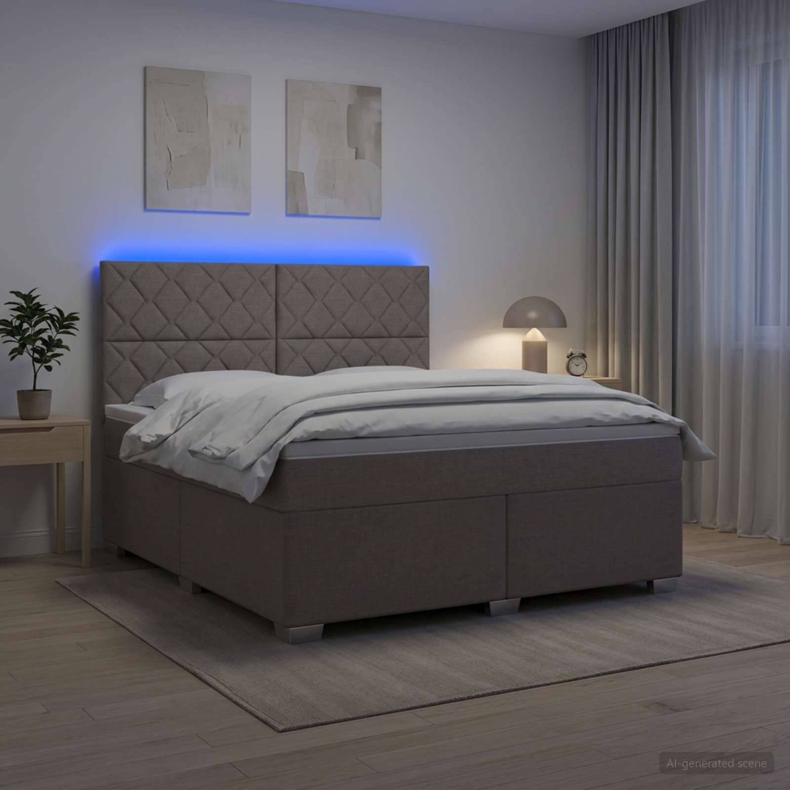 Modernes Schlafzimmer mit einem grau gepolsterten Bett, blauem LED-Kopfteil-Glühen, Nachttischlampe, Wandkunst und weichen Vorhängen.