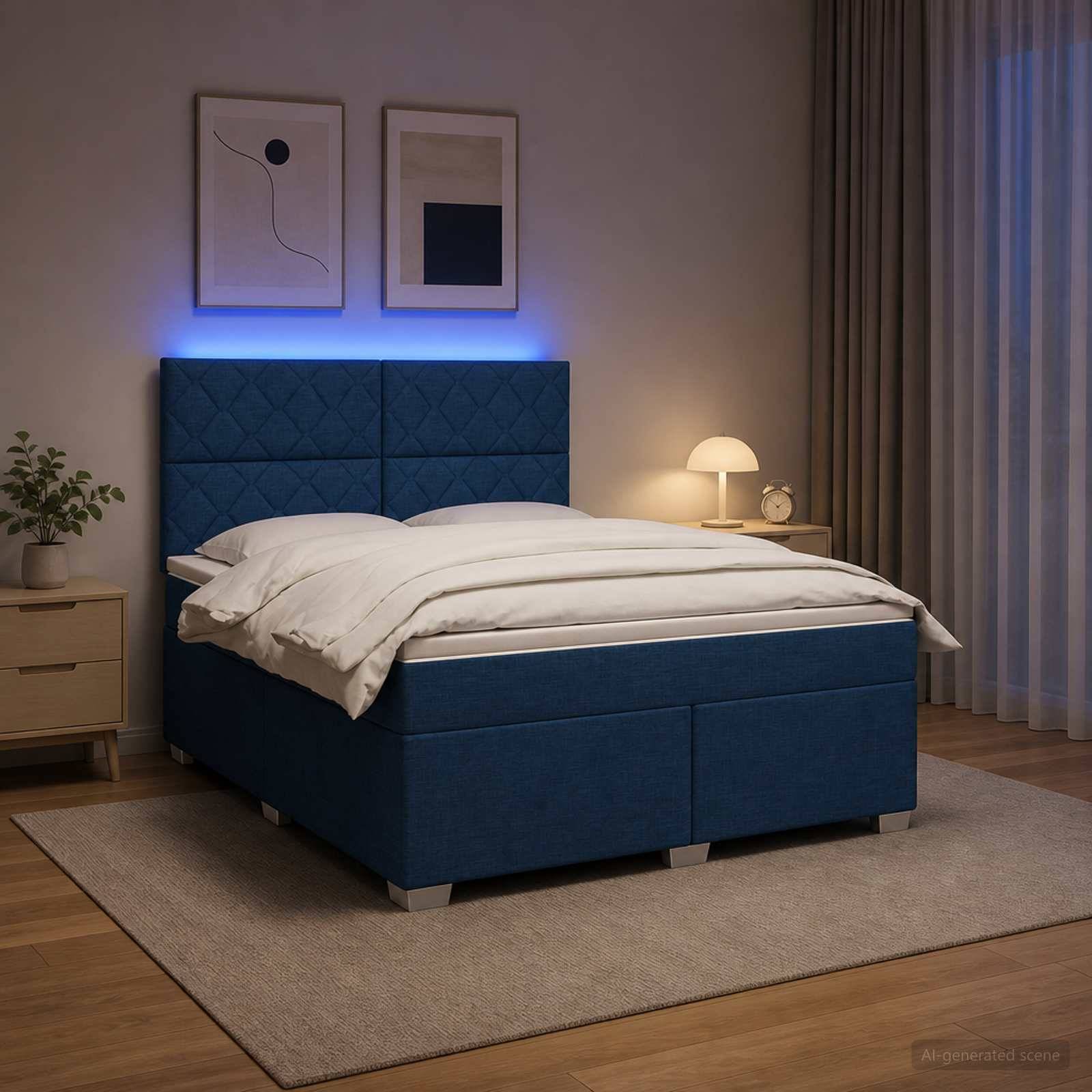 Modernes Schlafzimmer mit einem blau gepolsterten Bett, weißer Bettwäsche, Nachttischlampe, gerahmter Wandkunst und sanfter blauer Akzentbeleuchtung