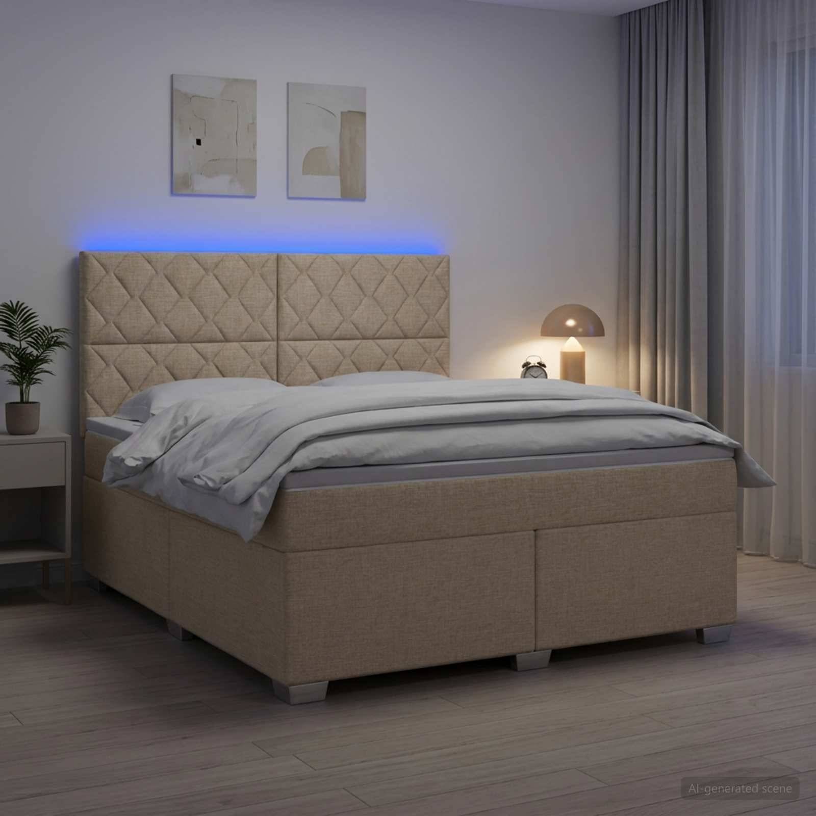 Modernes Schlafzimmer mit beigem gepolstertem Bett, blauer LED-Kopfleuchte, Nachttischlampe, Vorhängen und minimalistischer Wandkunst.
