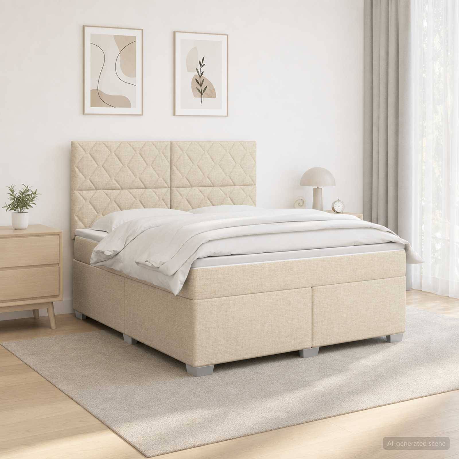 Beige gepolstertes Bett in einem minimalistischen Schlafzimmer mit gestepptem Kopfteil, weißer Bettwäsche, Nachttisch, Lampe und gerahmter Wandkunst.