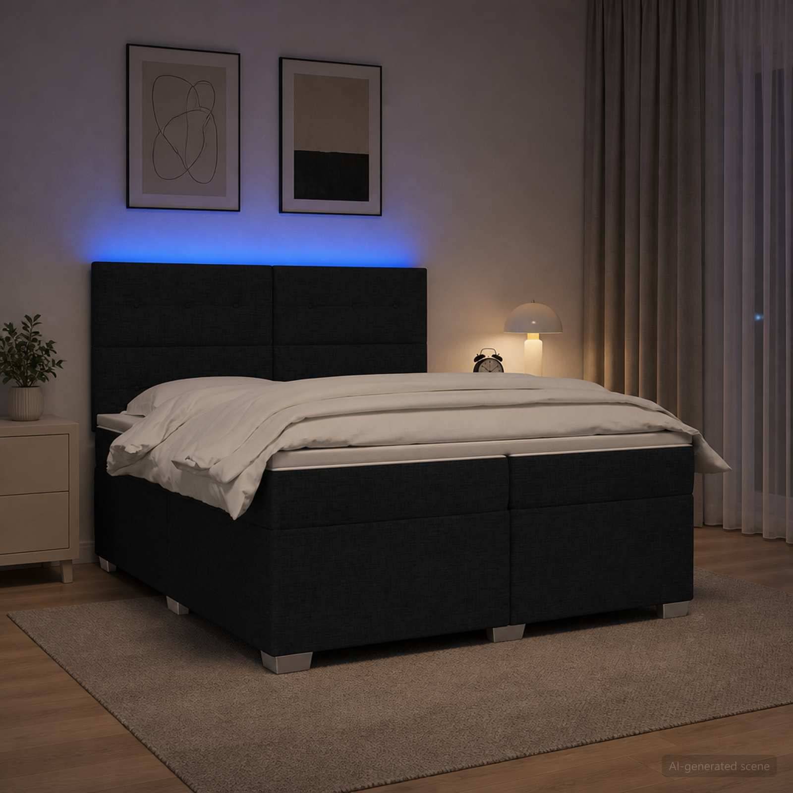 Modernes Schlafzimmer mit ungemachtem Doppelbett, blau beleuchtetem Kopfteil, Nachttischlampe, Wandkunst im Rahmen, Vorhängen und einem Teppich auf Holzfußboden.