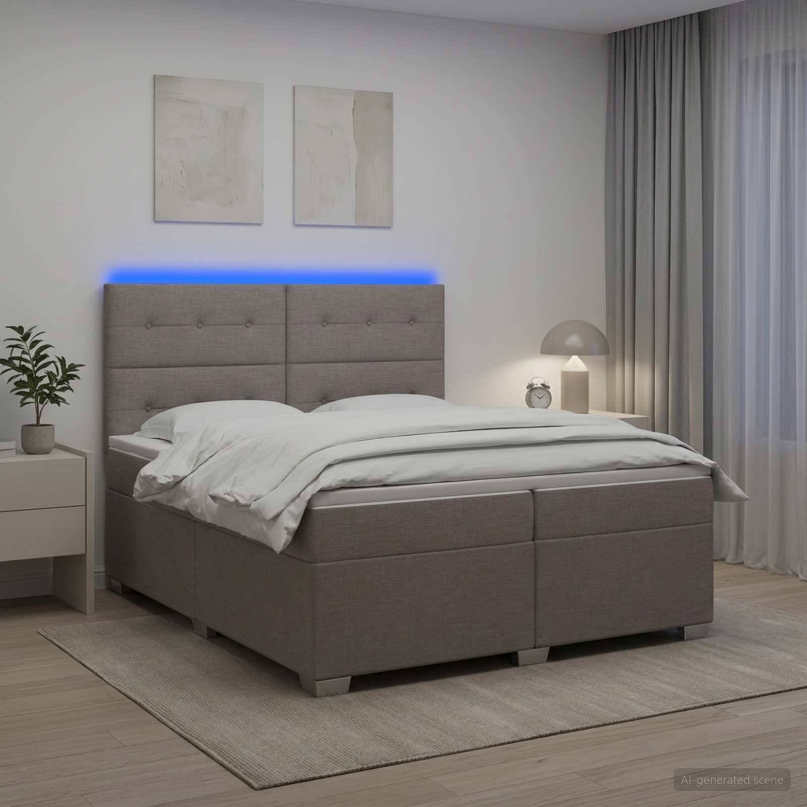 Modernes Schlafzimmer mit grauem gepolstertem Bett, blauer LED-Kopfleuchte, Nachttischlampe und Tisch, Vorhängen und minimalistischer Wandkunst.