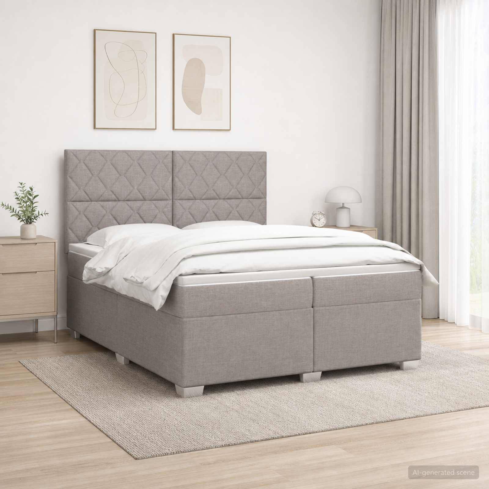 Modernes Schlafzimmer mit einem grau gepolsterten Bett, weißer Bettwäsche, passenden Nachttischen, gerahmter Wandkunst und einem hellen Teppich neben einem Fenster.