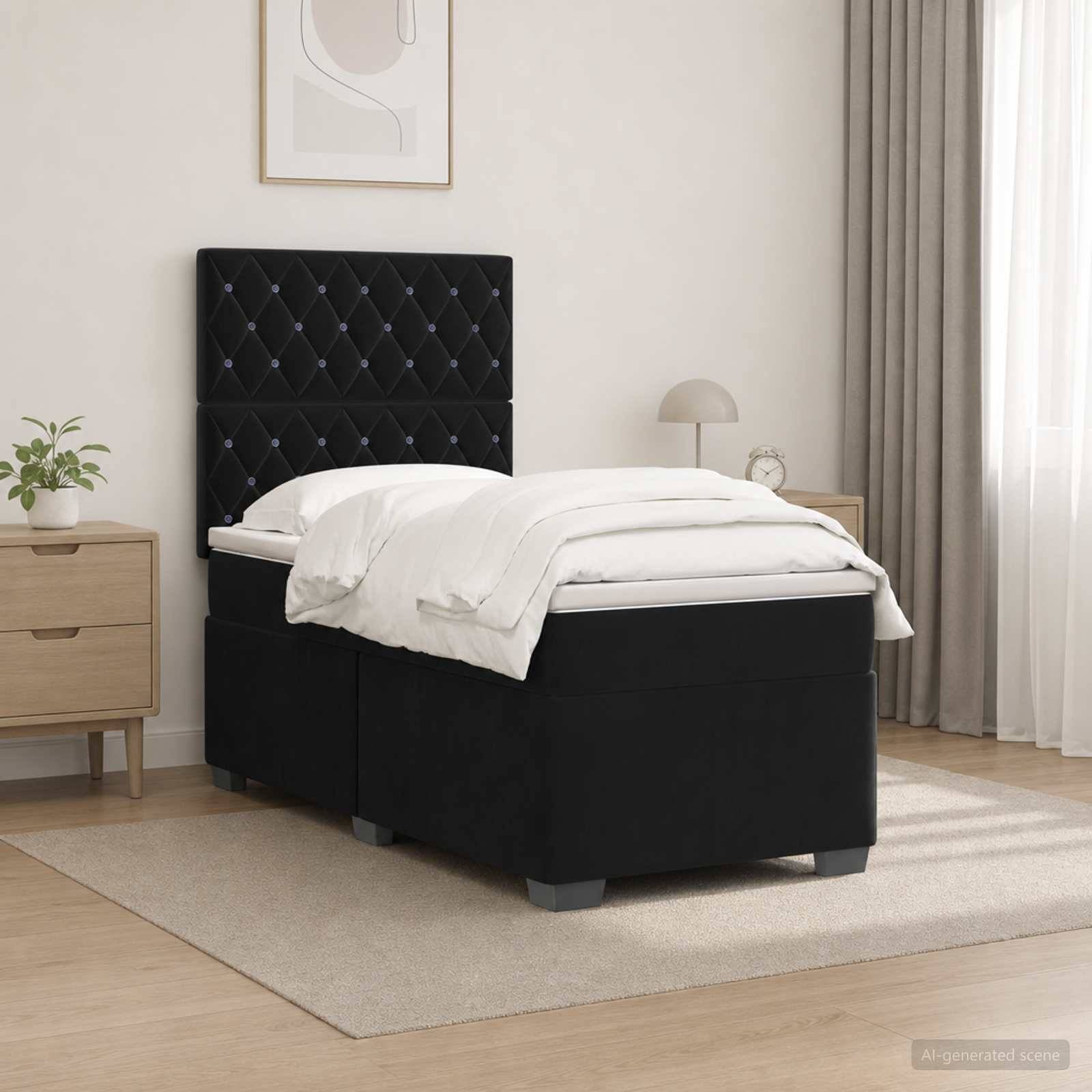 Schwarzes gepolstertes Einzelbett mit hohem gestepptem Kopfteil, weiße Bettwäsche und passender Speicherbasis in einem hellen Schlafzimmer