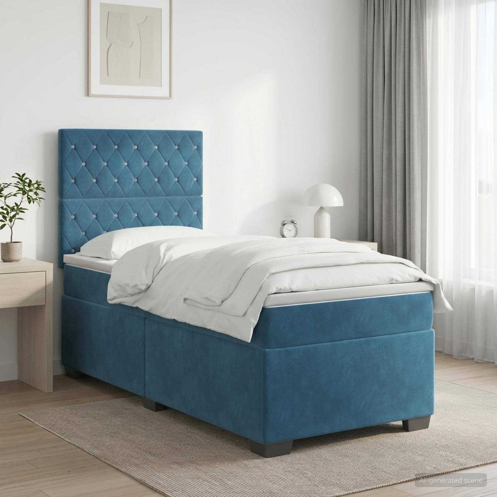 Blaugepolstertes Einzelbett mit gepuffertem Kopfteil, weiße Bettwäsche und Nachttisch in einem hellen, minimalistischen Schlafzimmer.