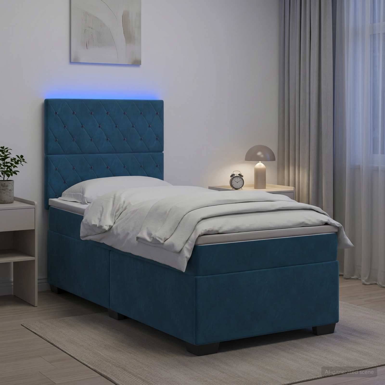 Ein modernes gepolstertes Einzelbett mit blauem Kopfteil und Rahmen, weiße Bettwäsche und eine Nachttischlampe in einem minimalistischen Schlafzimmer.